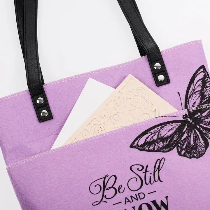 Be Still and Know Bible Tote – Purple Felt Butterfly Tote Bag | Psalm 46:10 Scripture Bag | Christian Gift for Women | Faith Tote for Bible Study or Church