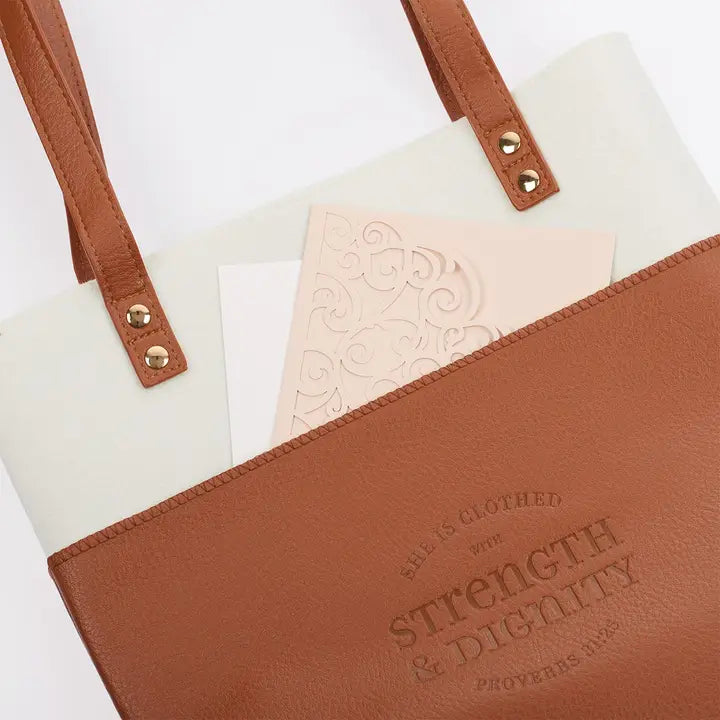 Bible Tote Bag – Strength & Dignity Proverbs 31:25 | Cream & Toffee Scripture Tote | Christian Gift for Women | Faith Bag for Bible Study or Church