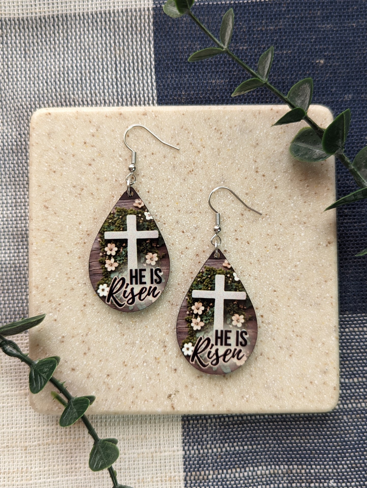 He Is Risen | Resurrection Day | Easter | Floral | Cross | Faith | Christian| Teardrop Earrings