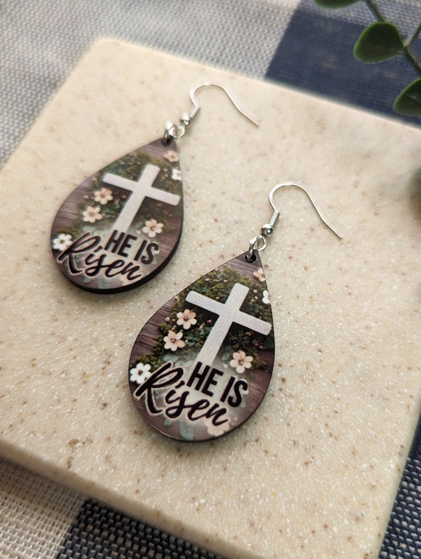 He Is Risen | Resurrection Day | Easter | Floral | Cross | Faith | Christian| Teardrop Earrings
