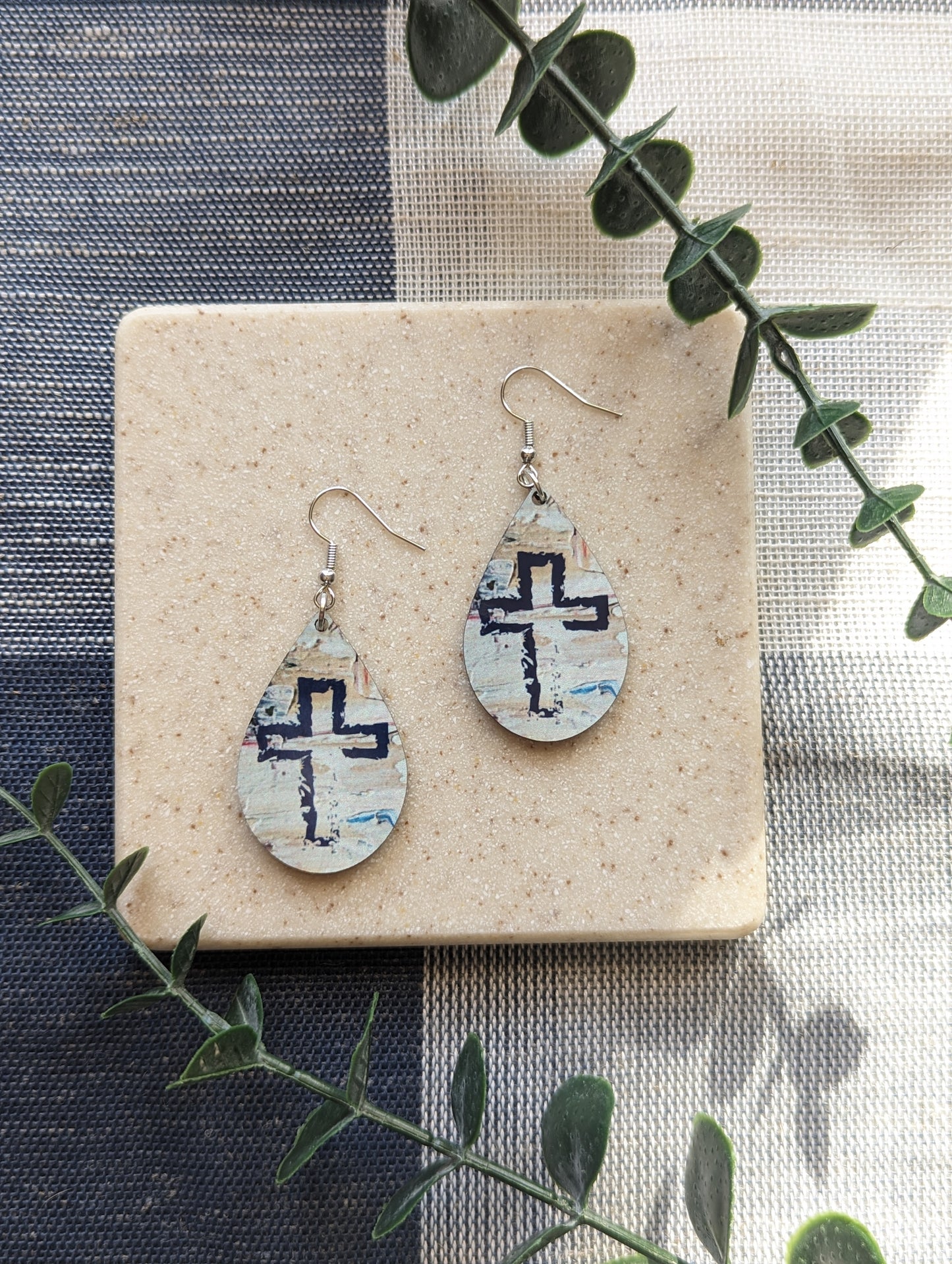 Textured Cross Earrings | Painted Teardrop Dangles | Lightweight Faux Paint Christian Jewelry | Faith Gift for Women