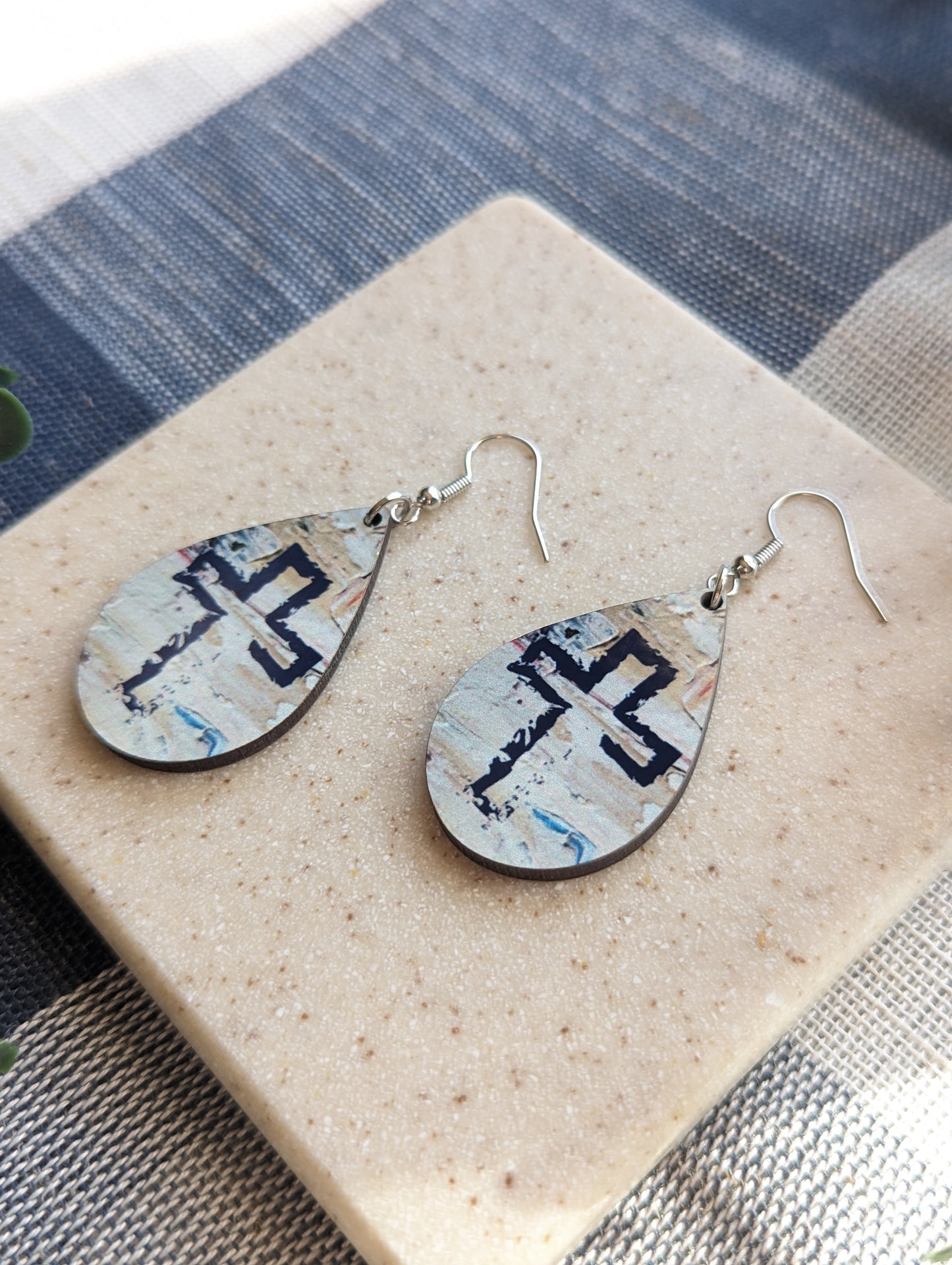 Textured Cross Earrings | Painted Teardrop Dangles | Lightweight Faux Paint Christian Jewelry | Faith Gift for Women