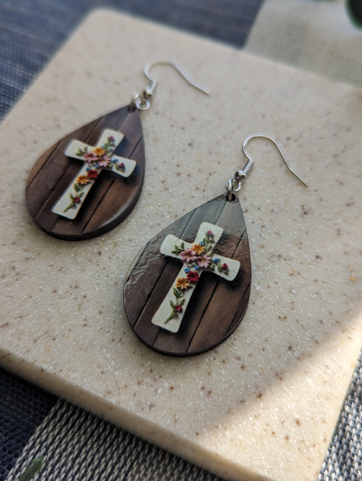 Floral | Country Western | Cross | Wood Background | Faith | Christian | Teardrop Earrings