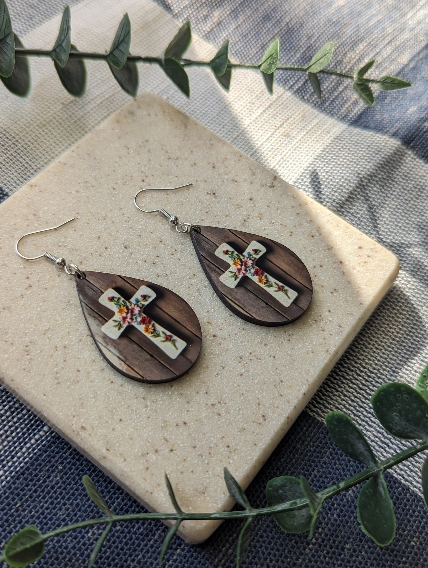 Floral | Country Western | Cross | Wood Background | Faith | Christian | Teardrop Earrings