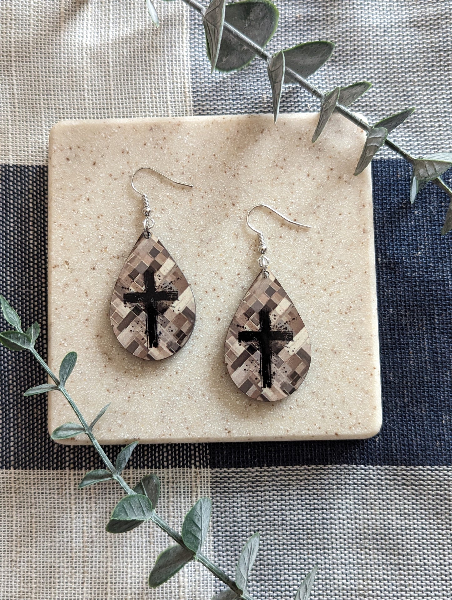 Checkered | Wooden Background | Paint Splatter | Cross | Neutral | Faith | Christian | Teardrop Earrings