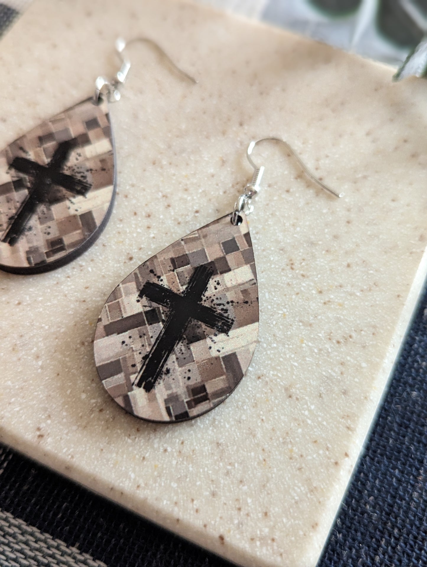 Checkered | Wooden Background | Paint Splatter | Cross | Neutral | Faith | Christian | Teardrop Earrings