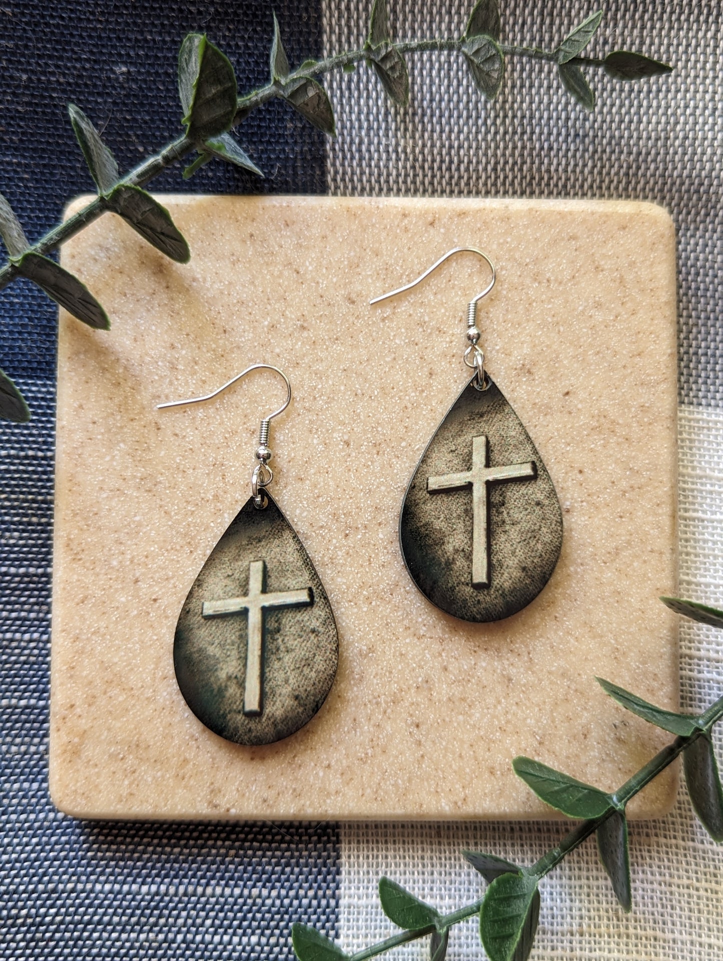 Weathered | Worn | Antiqued | Cross | Neutral |Faith | Christian | Teardrop Earrings
