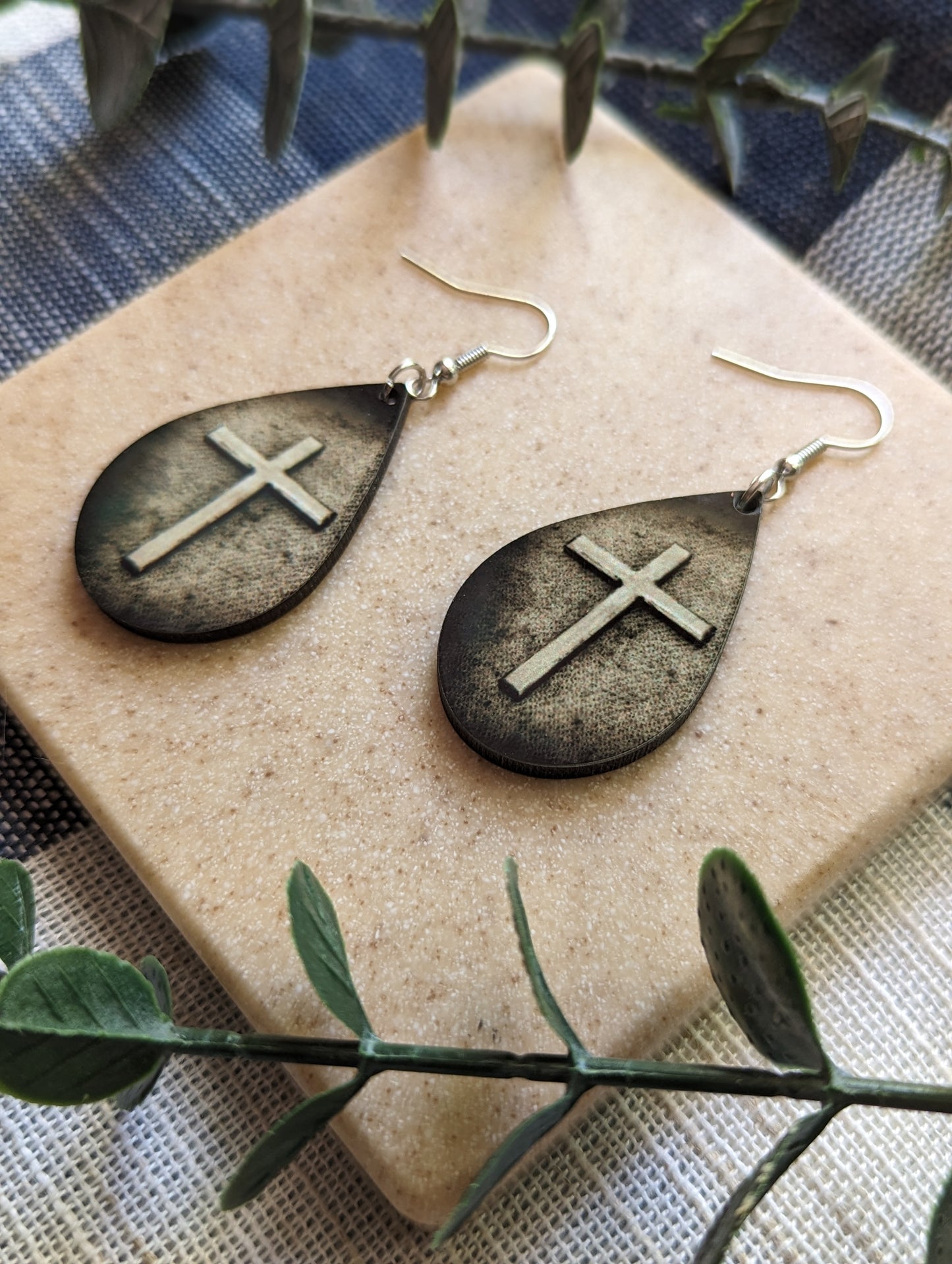 Weathered | Worn | Antiqued | Cross | Neutral |Faith | Christian | Teardrop Earrings
