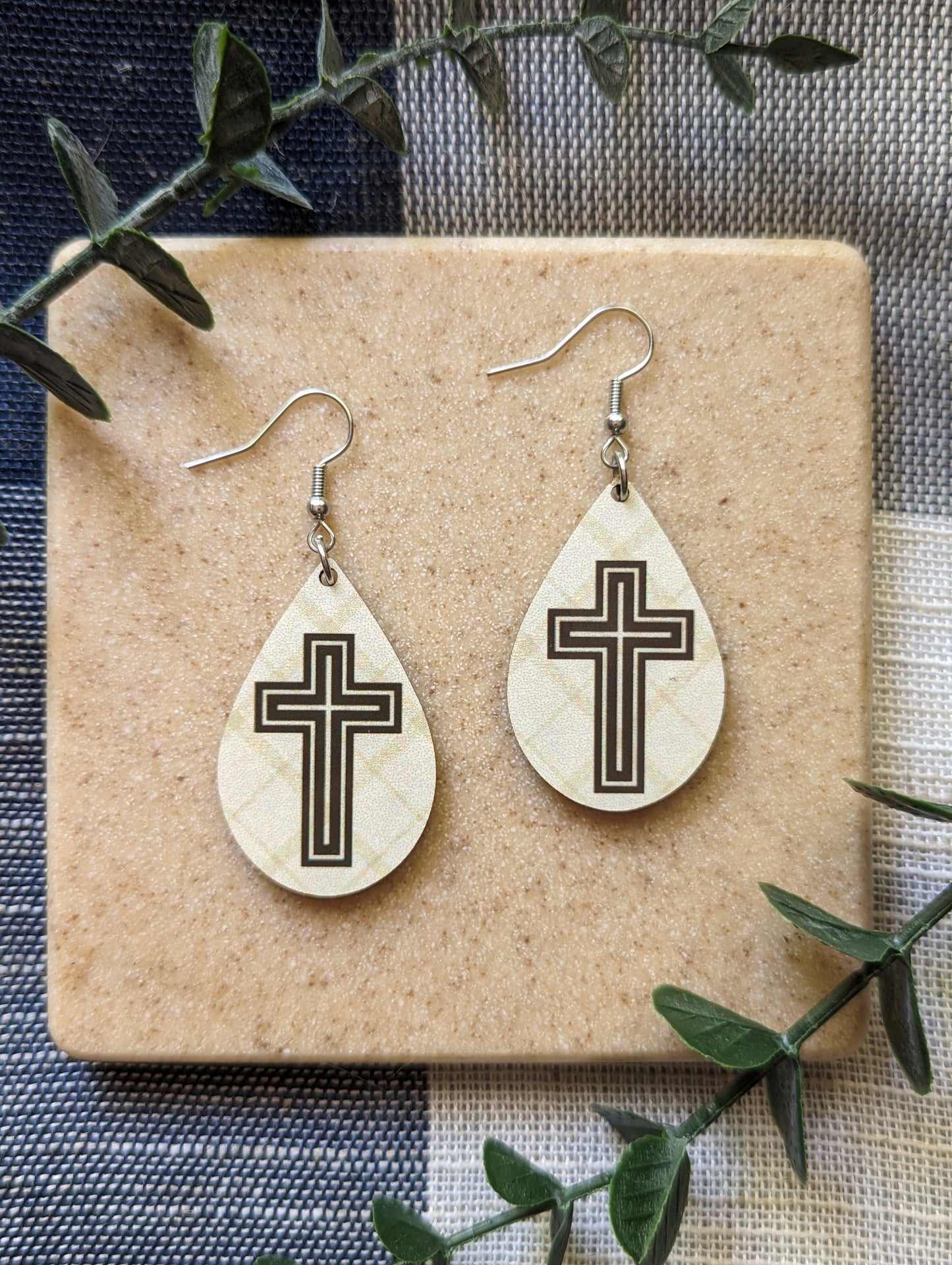 Checkered Background | Double Cross | Neutral | Faith | Christian | Teardrop Earrings