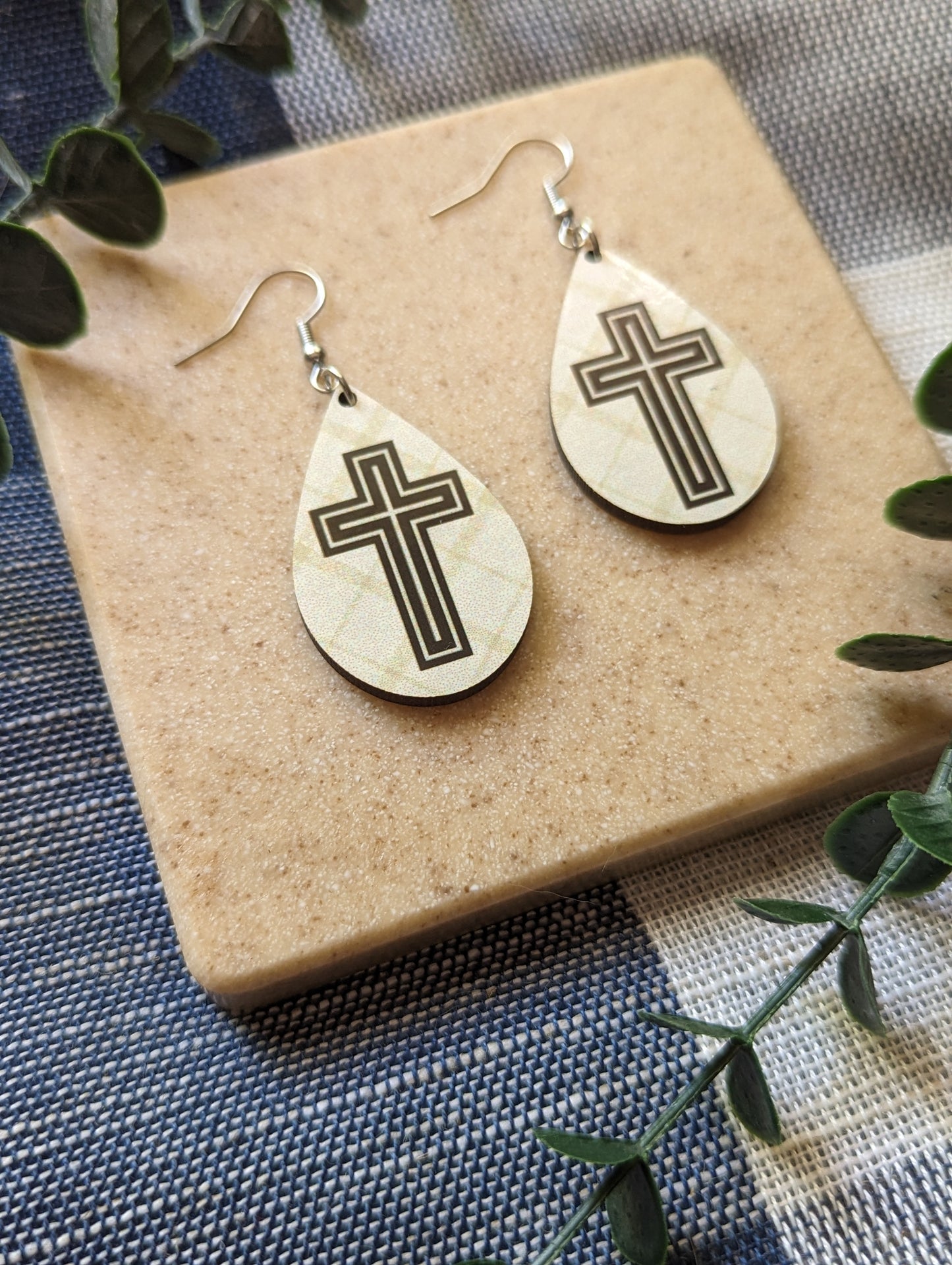 Checkered Background | Double Cross | Neutral | Faith | Christian | Teardrop Earrings