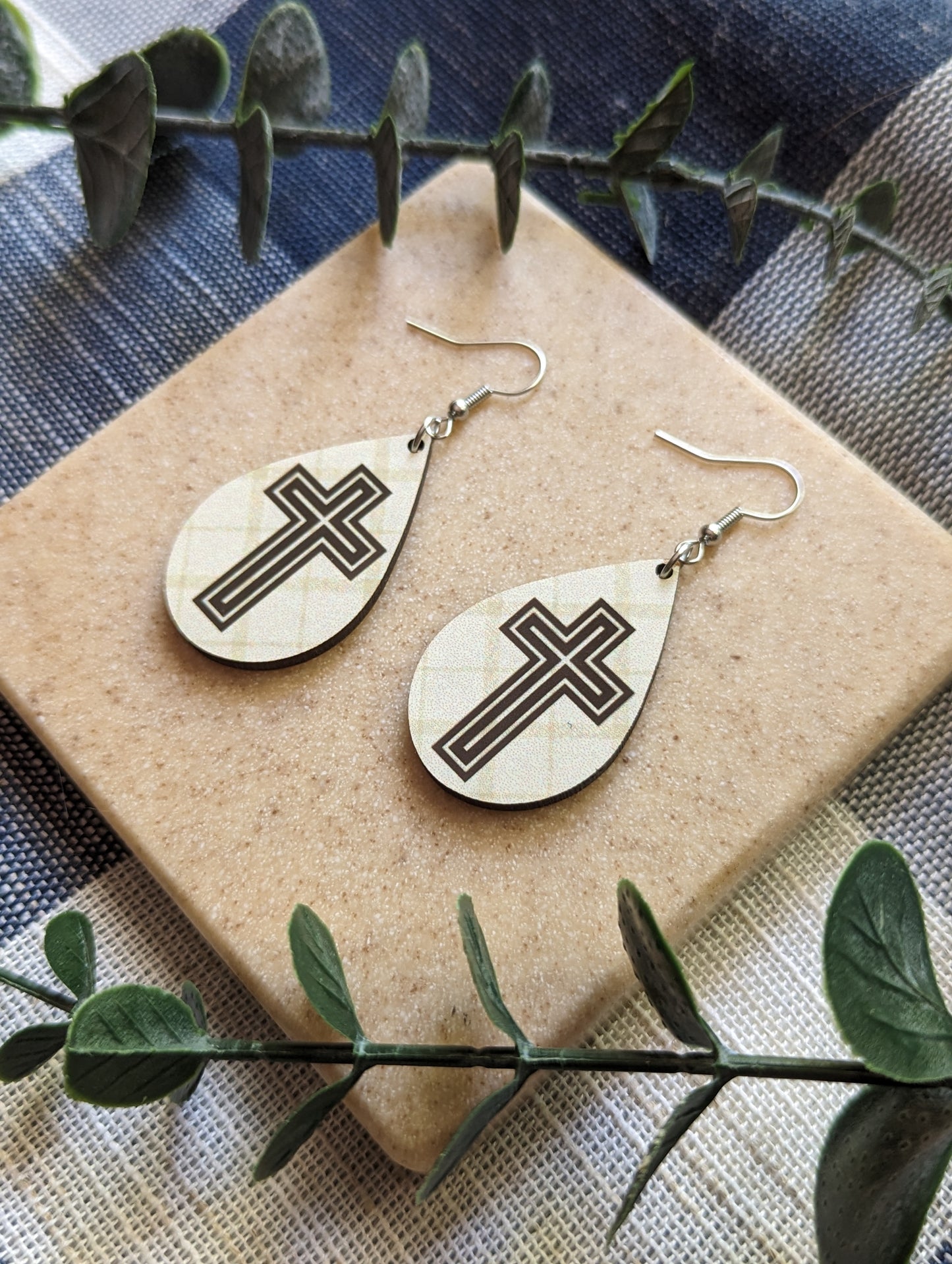Checkered Background | Double Cross | Neutral | Faith | Christian | Teardrop Earrings