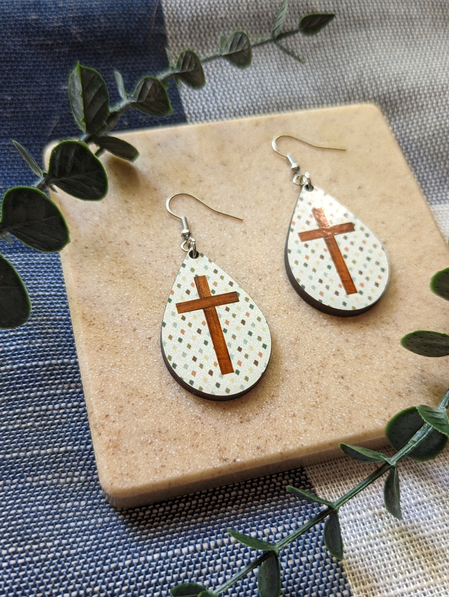 Multi Color Diamond Shaped Dots | Wooden Cross | Neutral | Faith | Christian | Teardrop Earrings