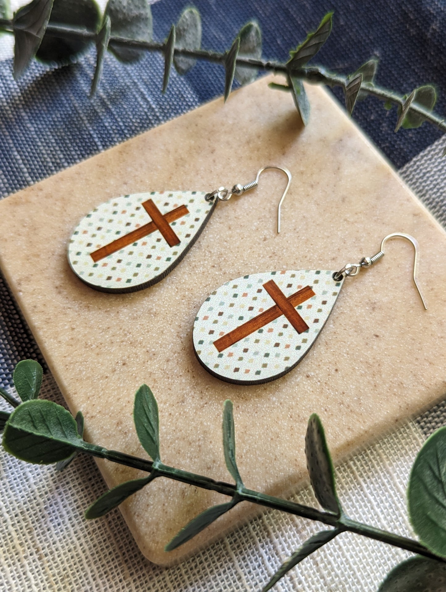 Multi Color Diamond Shaped Dots | Wooden Cross | Neutral | Faith | Christian | Teardrop Earrings