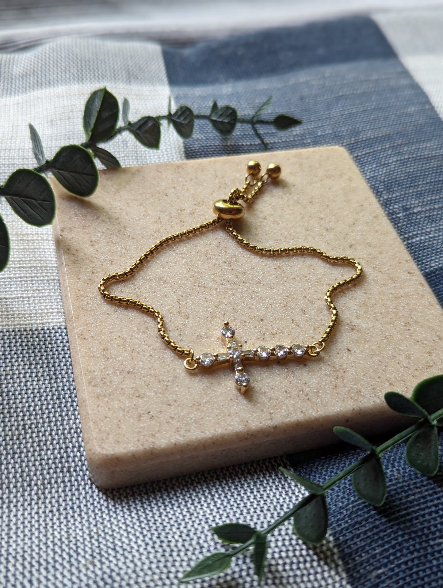 Gold Cross Bracelet: Cubic Zirconia Stainless Steel Bolo Bracelet
