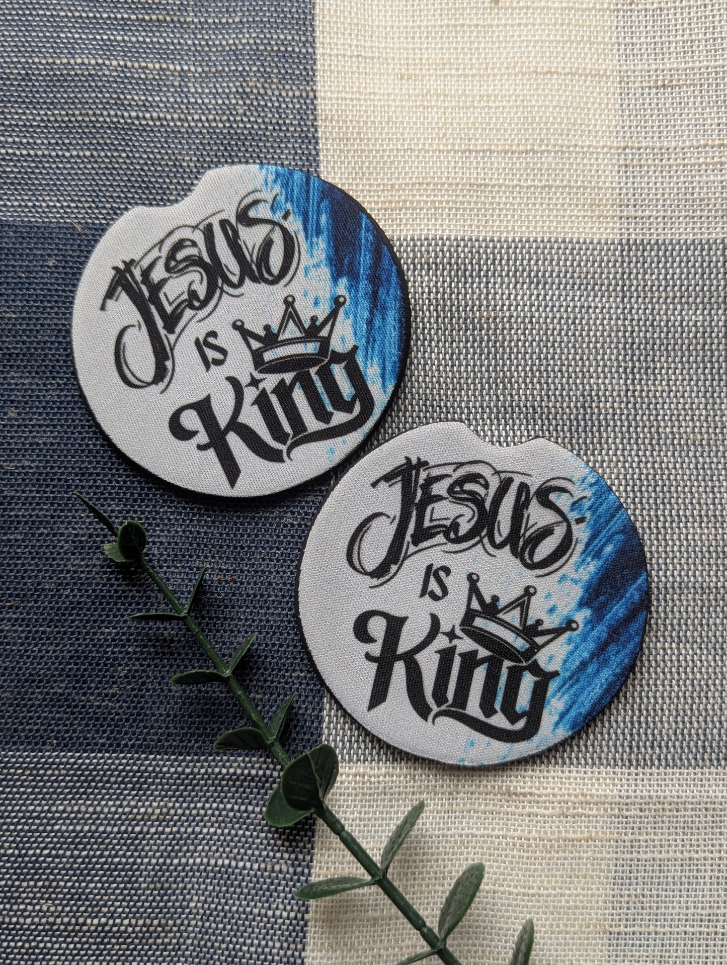 Jesus is King Car Coasters: Blue Paint Smudge, Crown, Neoprene (Set of 2)