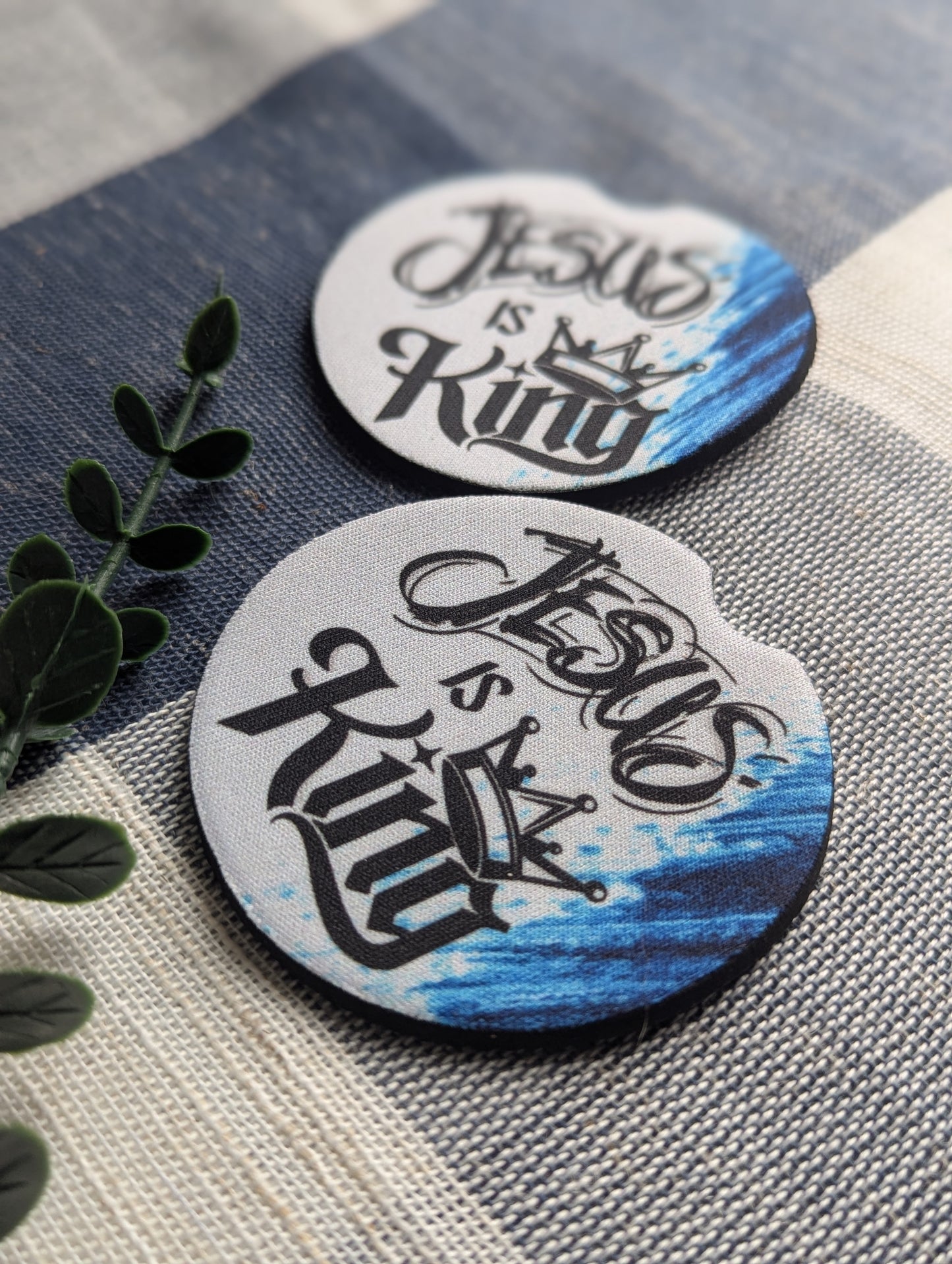 Jesus is King Car Coasters: Blue Paint Smudge, Crown, Neoprene (Set of 2)