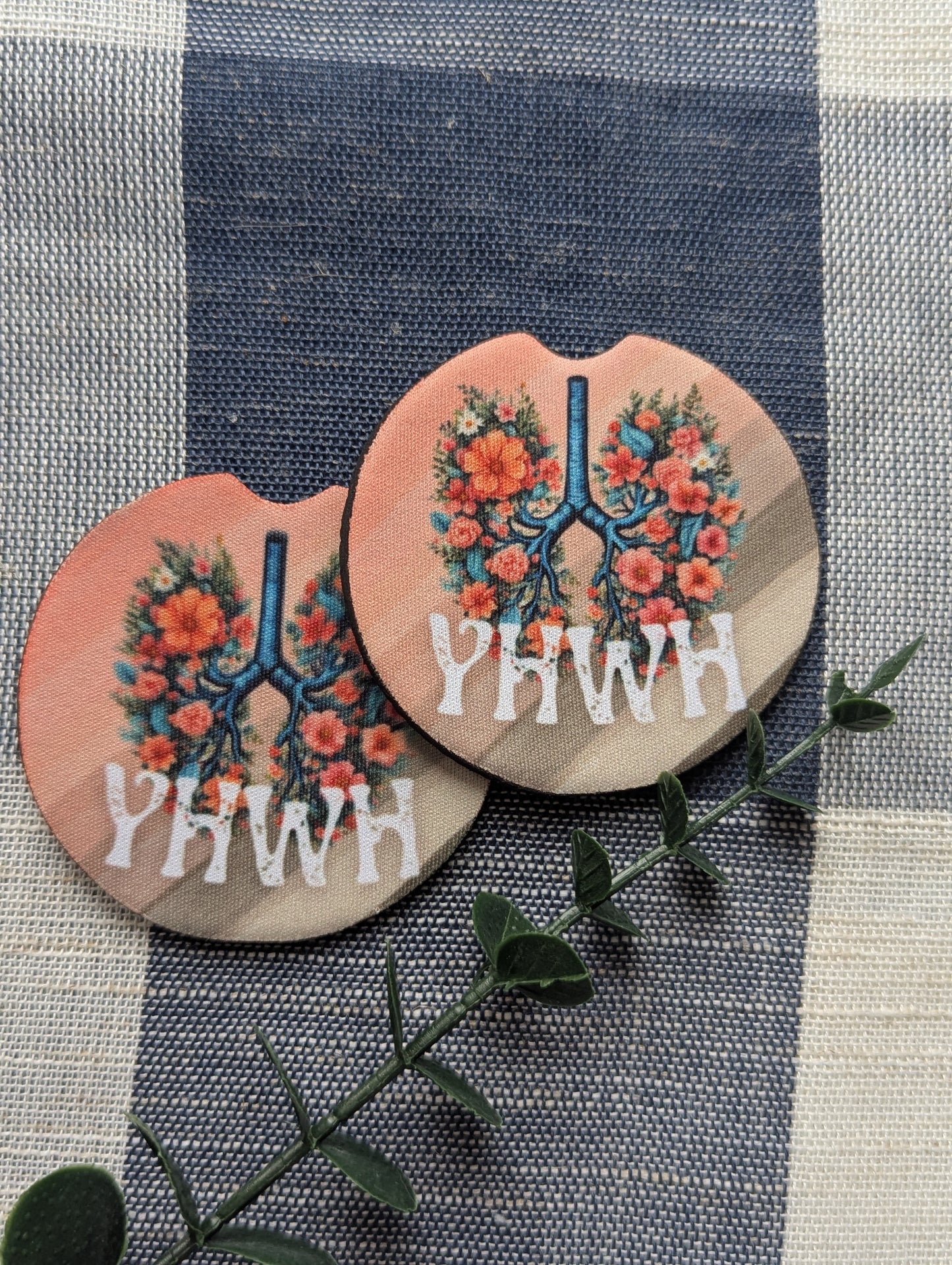 Christian Car Coasters: YHWH Floral Lungs, Neoprene Cup Holder (Set of 2)