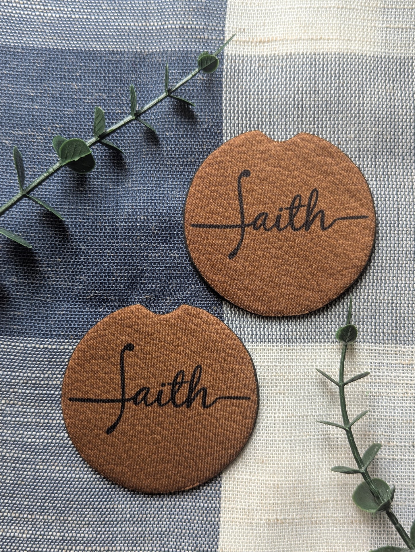 Christian Faith Car Coaster | Faux Leather Look | Neoprene Absorbant Car Cup Holder Protector