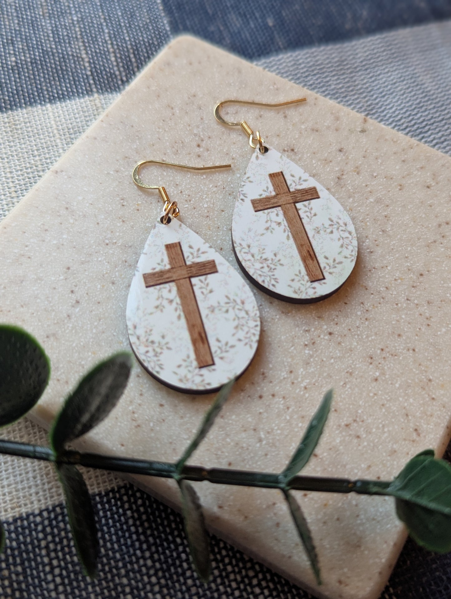Leafy | Floral Background | Wooden Cross | Neutral | Faith | Christian | Teardrop Earrings | Gold-Filled Hooks