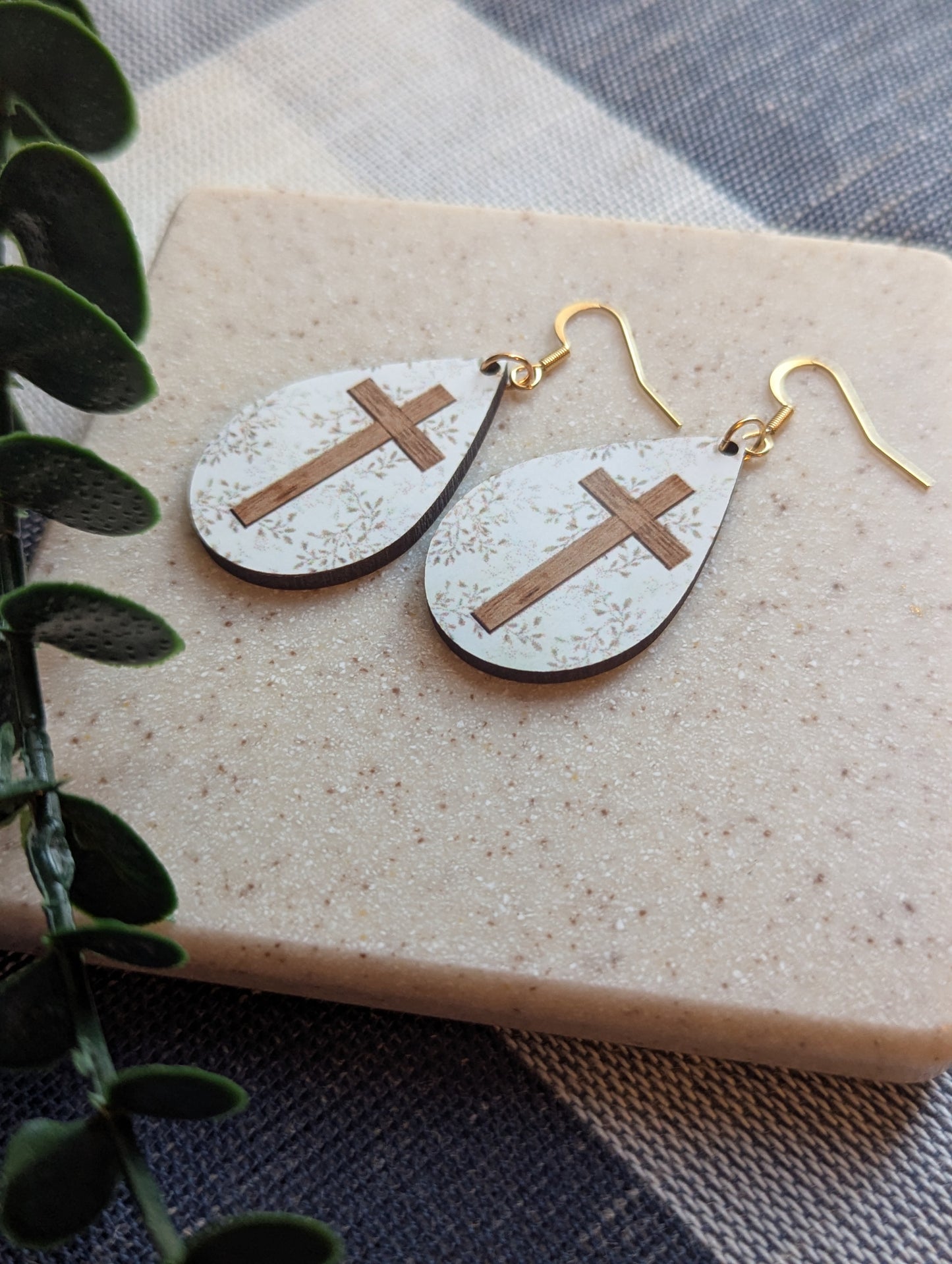 Leafy | Floral Background | Wooden Cross | Neutral | Faith | Christian | Teardrop Earrings | Gold-Filled Hooks
