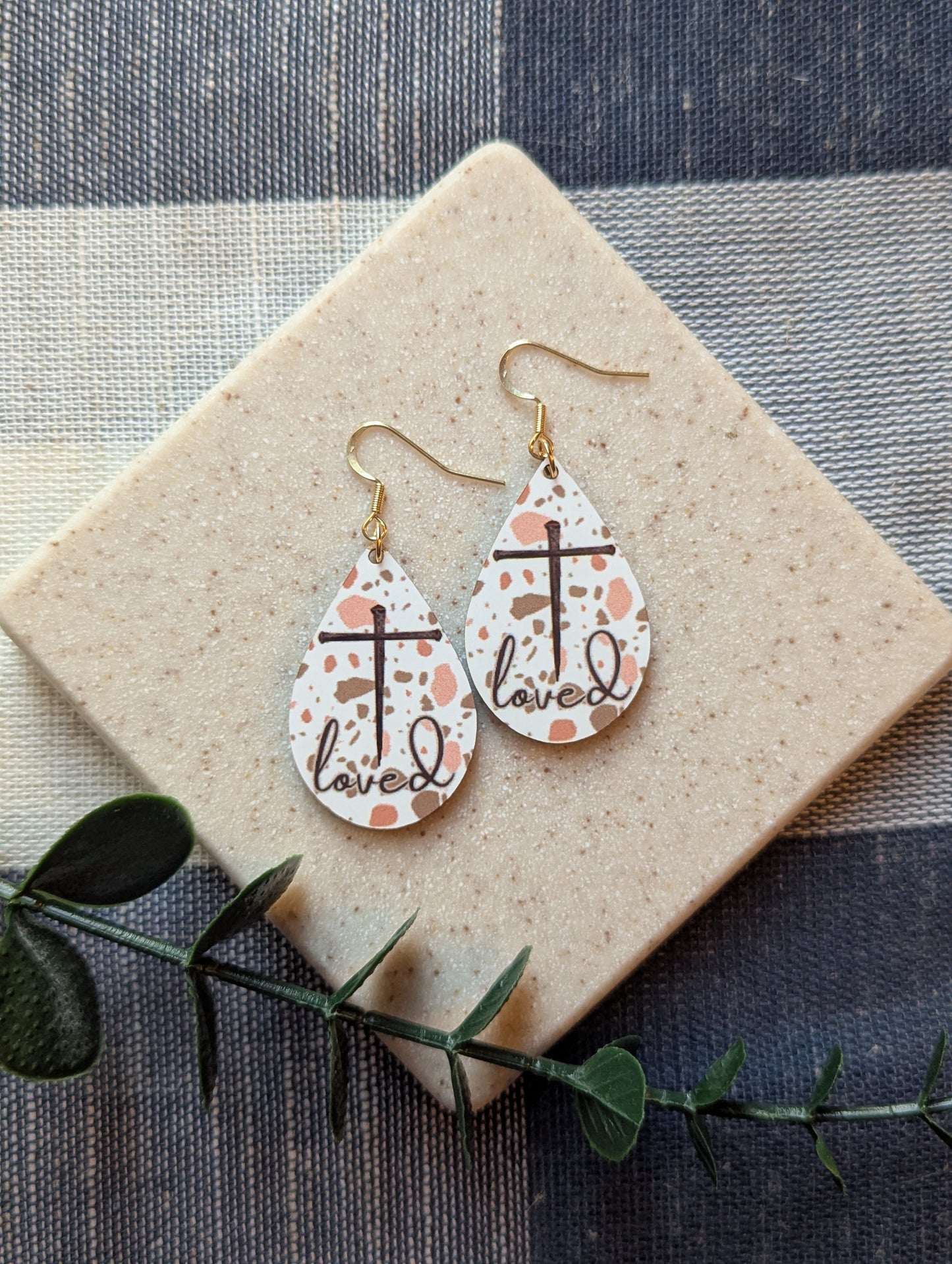 Christian Teardrop Dangle Earrings | Terrazzo Print | Nail Cross | Loved | Faith | Gold-Filled Hooks