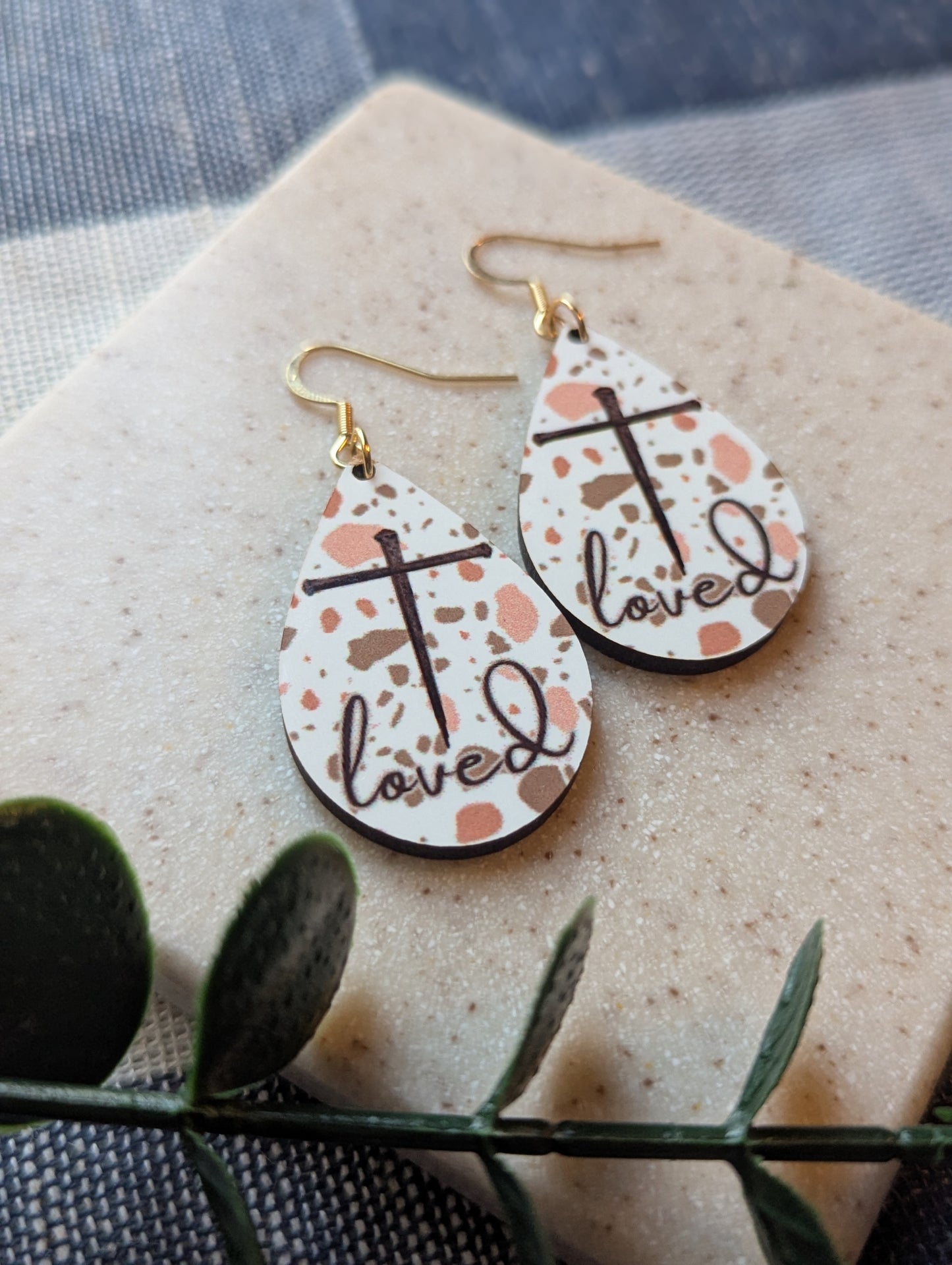 Christian Teardrop Dangle Earrings | Terrazzo Print | Nail Cross | Loved | Faith | Gold-Filled Hooks