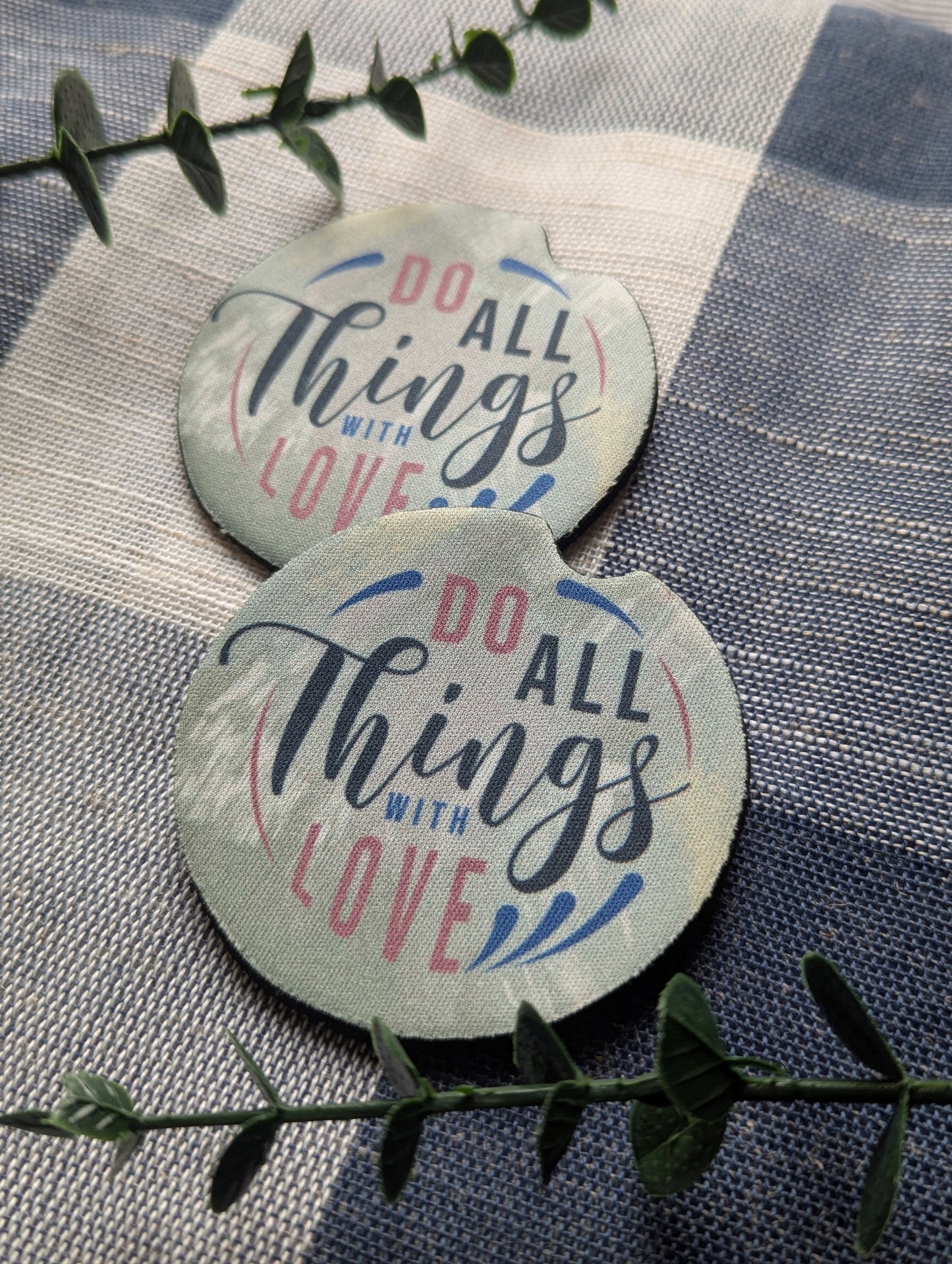 Christian Do All Things With Love Car Coasters | 1 Corinthians 16:14 | Faith | Neoprene Absorbent Cup Holder Protector