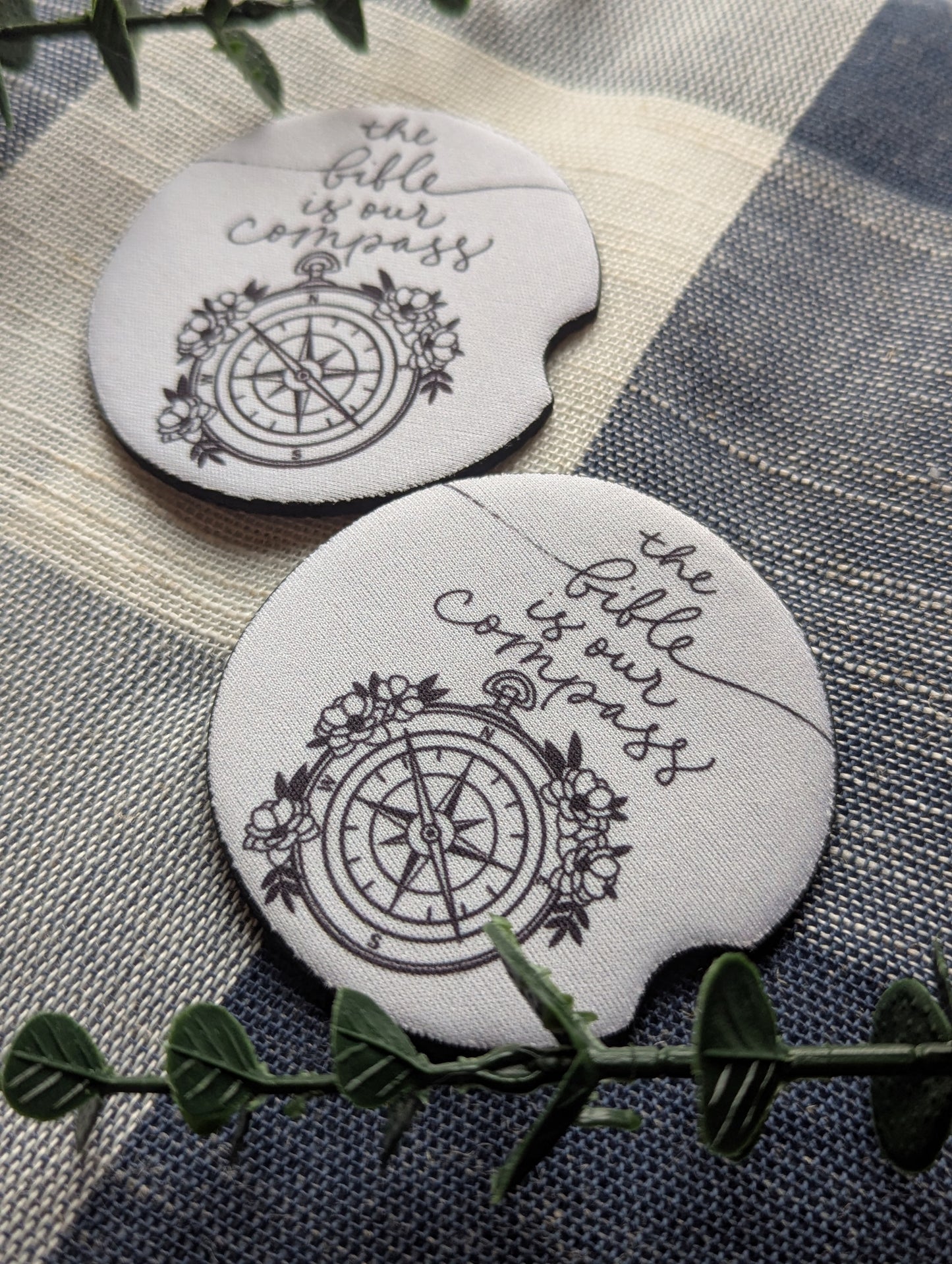 Christian The Bible is Our Compass Car Coasters | Faith | Neoprene Absorbent Car Cup Holder Protector