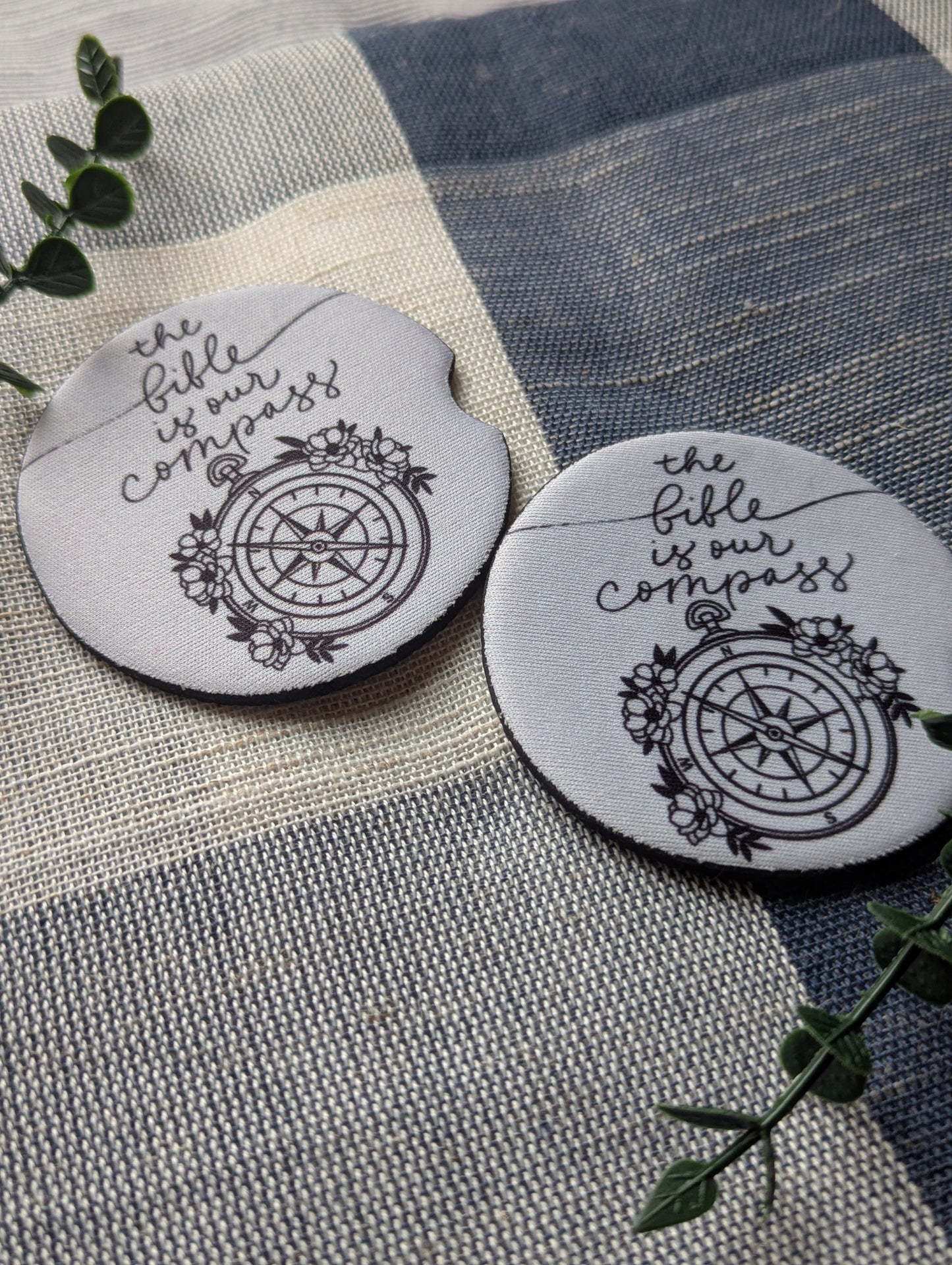 Christian The Bible is Our Compass Car Coasters | Faith | Neoprene Absorbent Car Cup Holder Protector