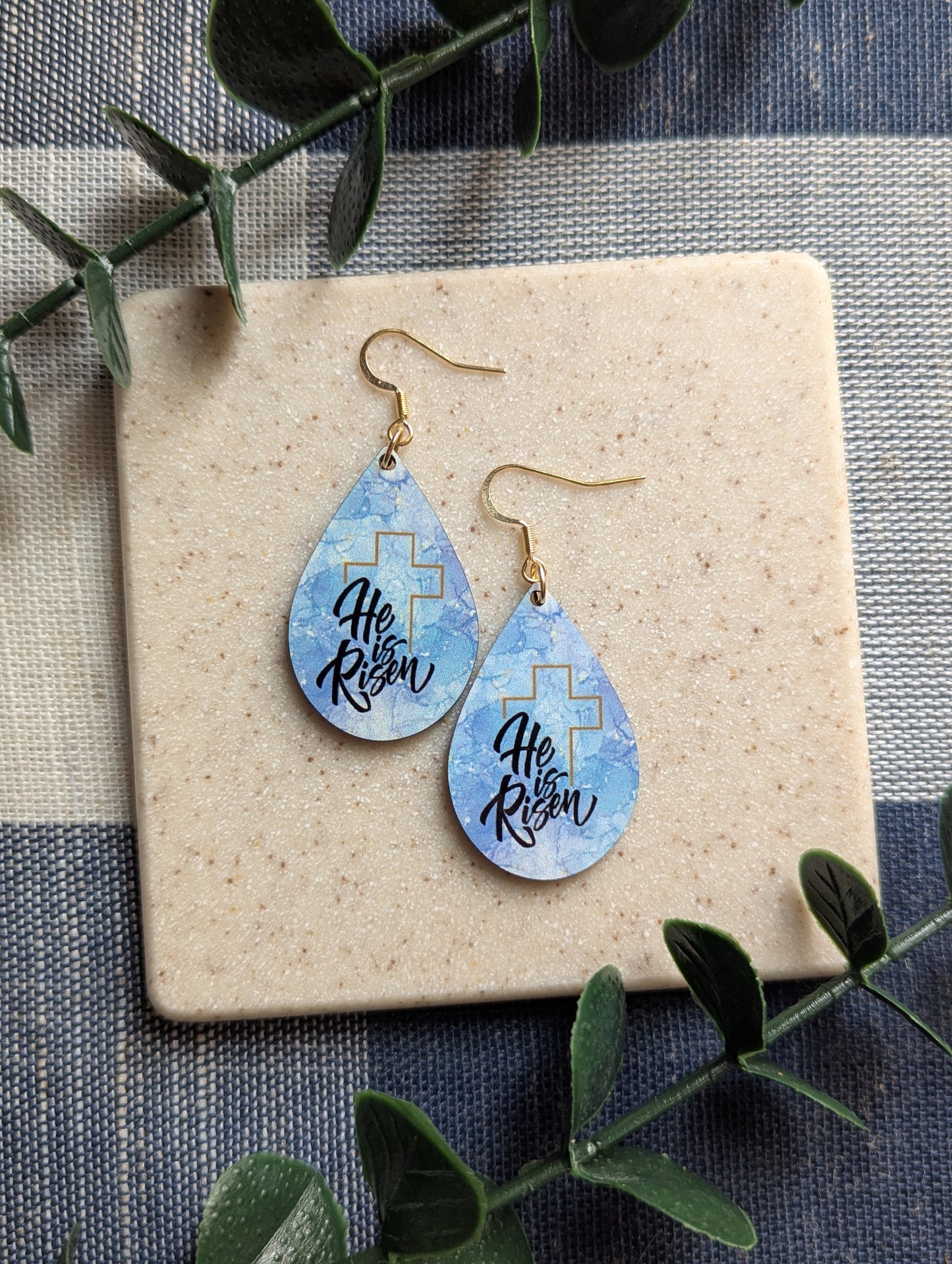 He Is Risen | Resurrection Day | Easter | Watercolor | Gold Cross | Faith | Christian | Teardrop Earrings