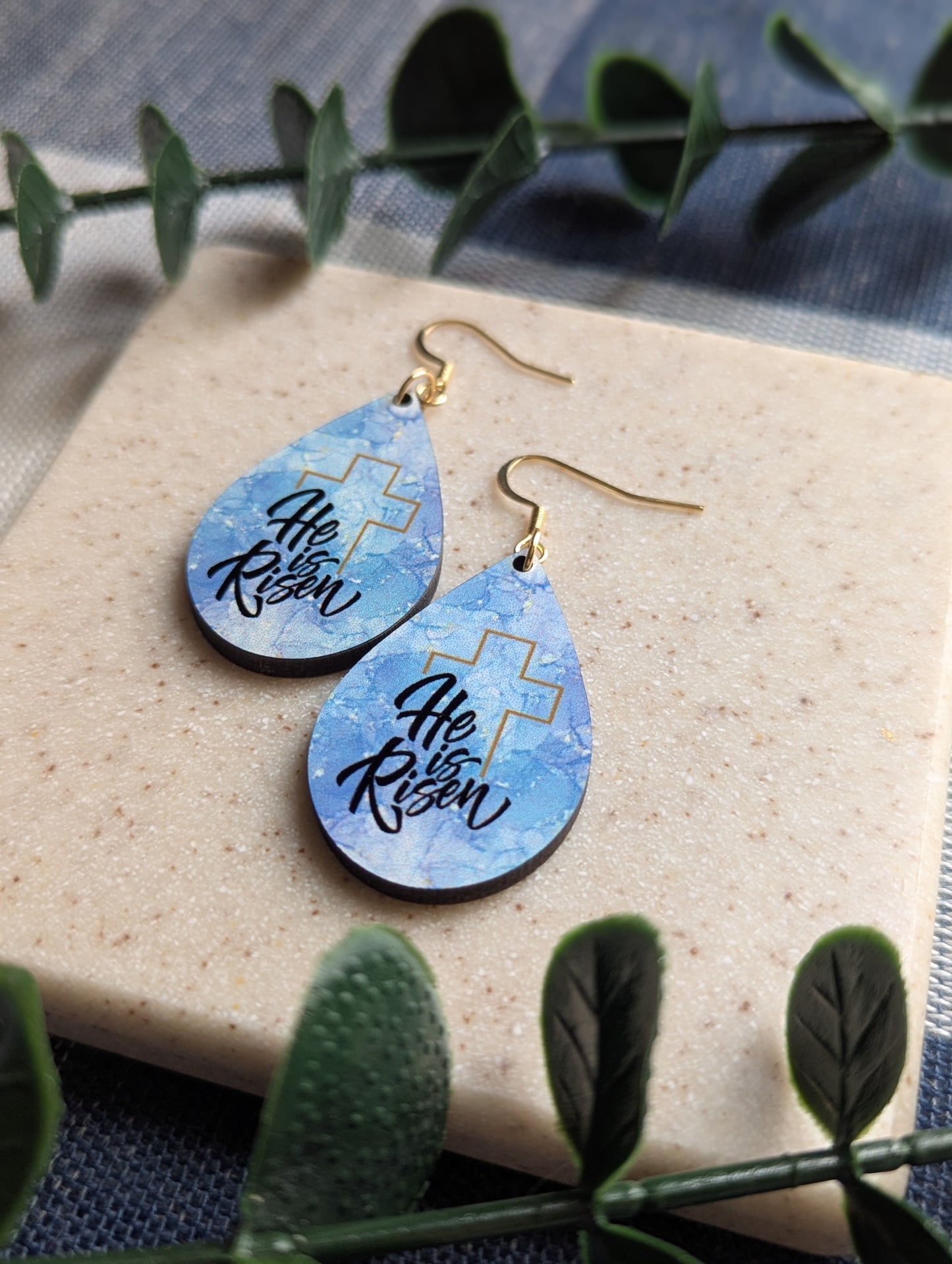 He Is Risen | Resurrection Day | Easter | Watercolor | Gold Cross | Faith | Christian | Teardrop Earrings
