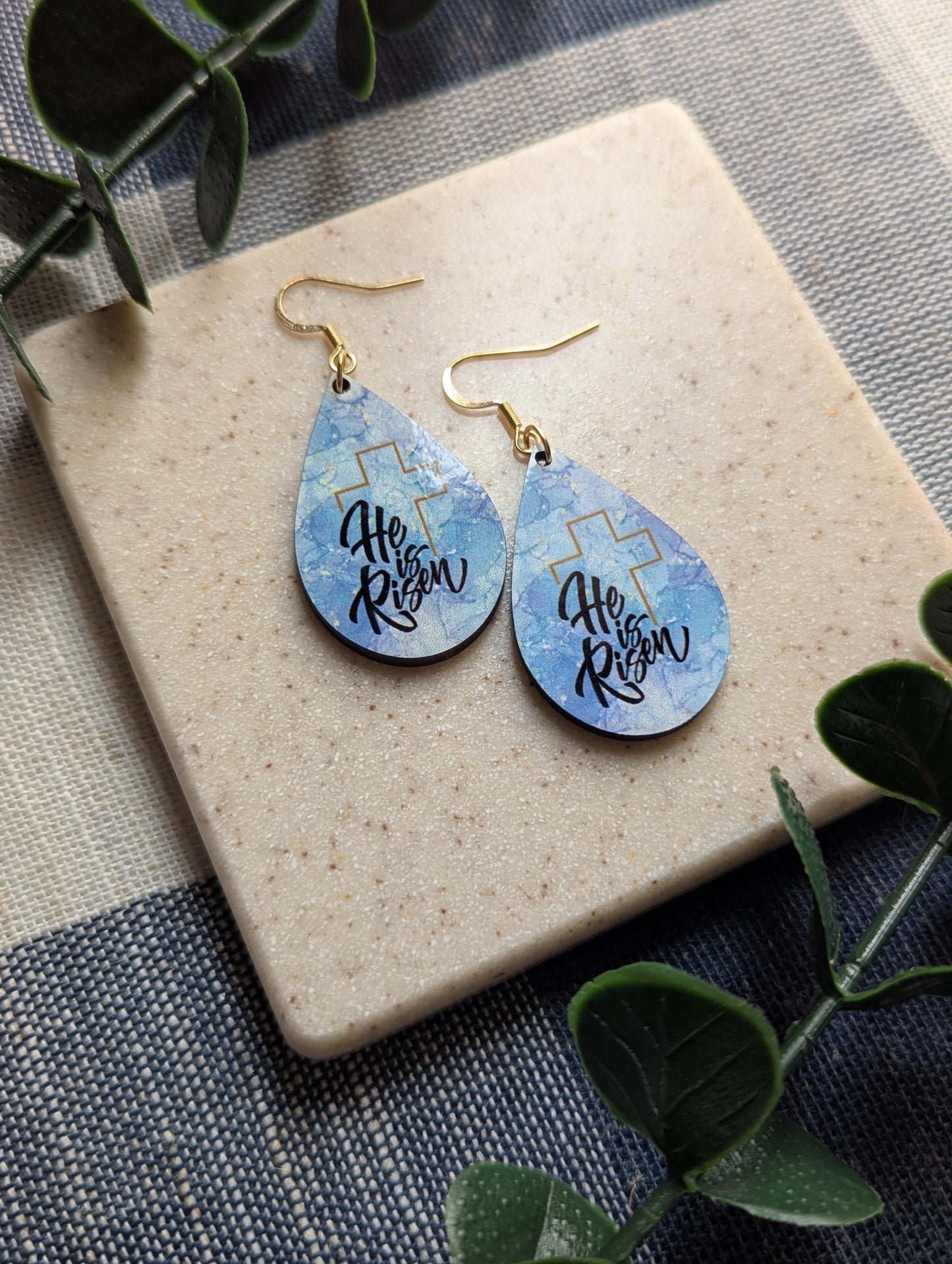 He Is Risen | Resurrection Day | Easter | Watercolor | Gold Cross | Faith | Christian | Teardrop Earrings