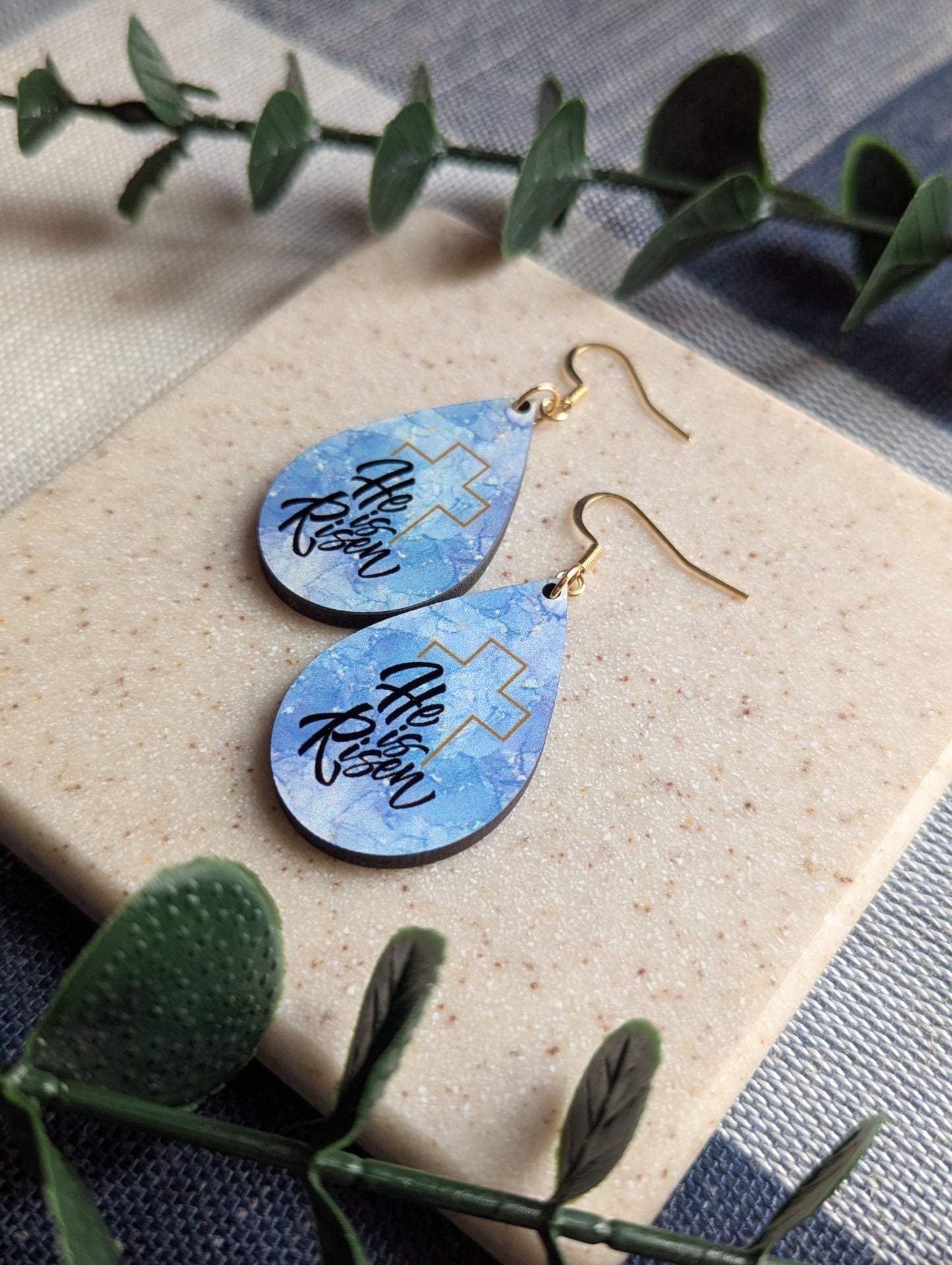 He Is Risen | Resurrection Day | Easter | Watercolor | Gold Cross | Faith | Christian | Teardrop Earrings