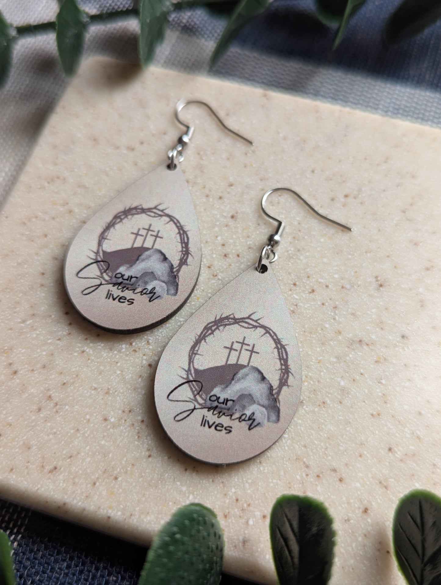Our Savior Lives | Resurrection Day | Easter | Neutral | 3 Crosses | Empty Tomb | Crown of Thorns | Faith | Christian | Teardrop Earrings