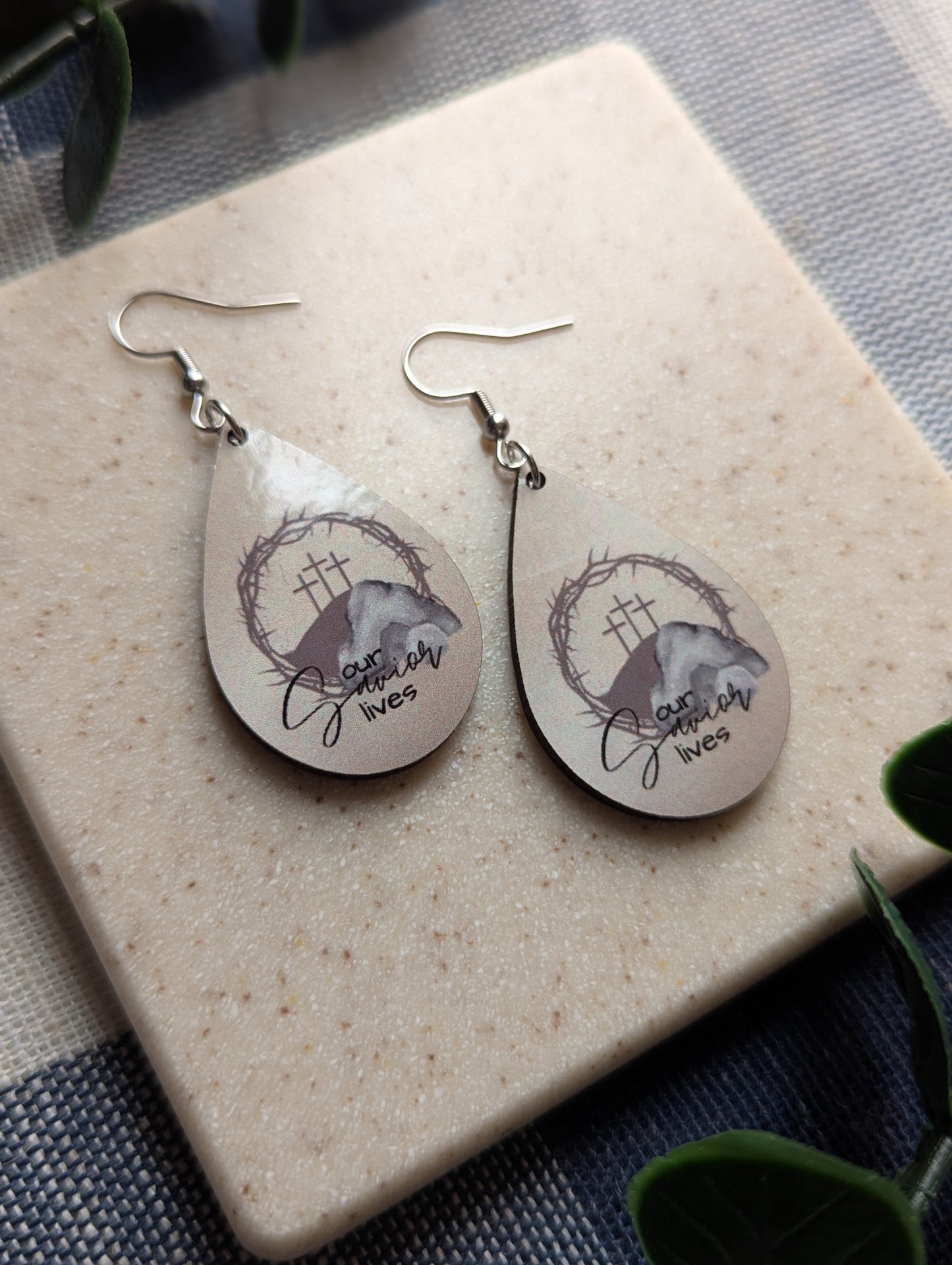 Our Savior Lives | Resurrection Day | Easter | Neutral | 3 Crosses | Empty Tomb | Crown of Thorns | Faith | Christian | Teardrop Earrings