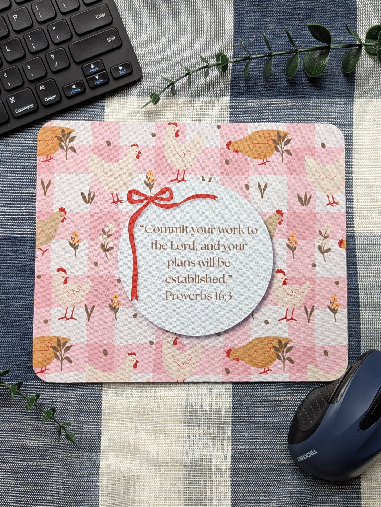 Commit Your Work To The Lord | Proverbs 16:3 | Chickens | Plaid | Girly | Floral | Bow | Christian | Faith | Mouse Pad