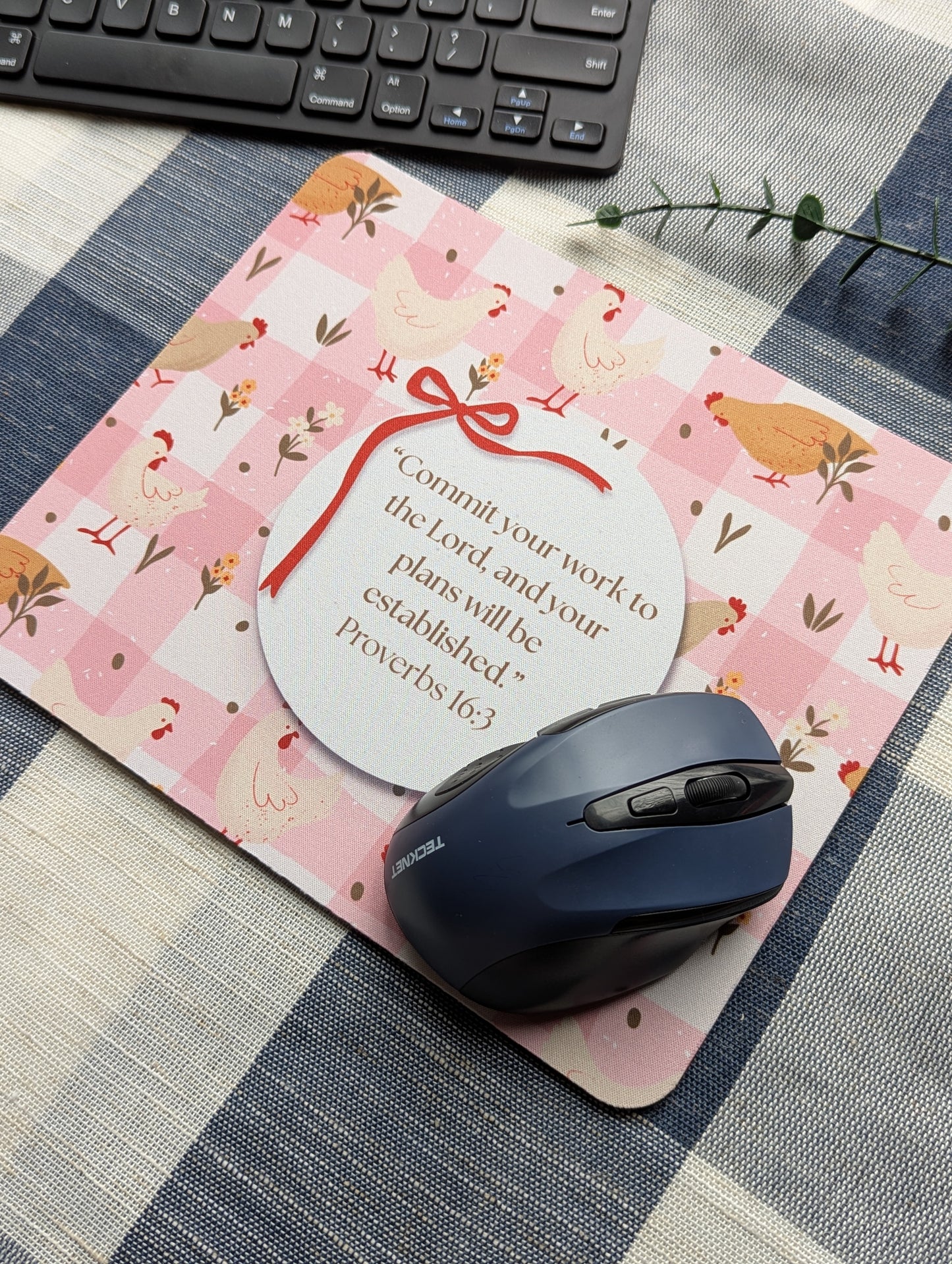 Commit Your Work To The Lord | Proverbs 16:3 | Chickens | Plaid | Girly | Floral | Bow | Christian | Faith | Mouse Pad