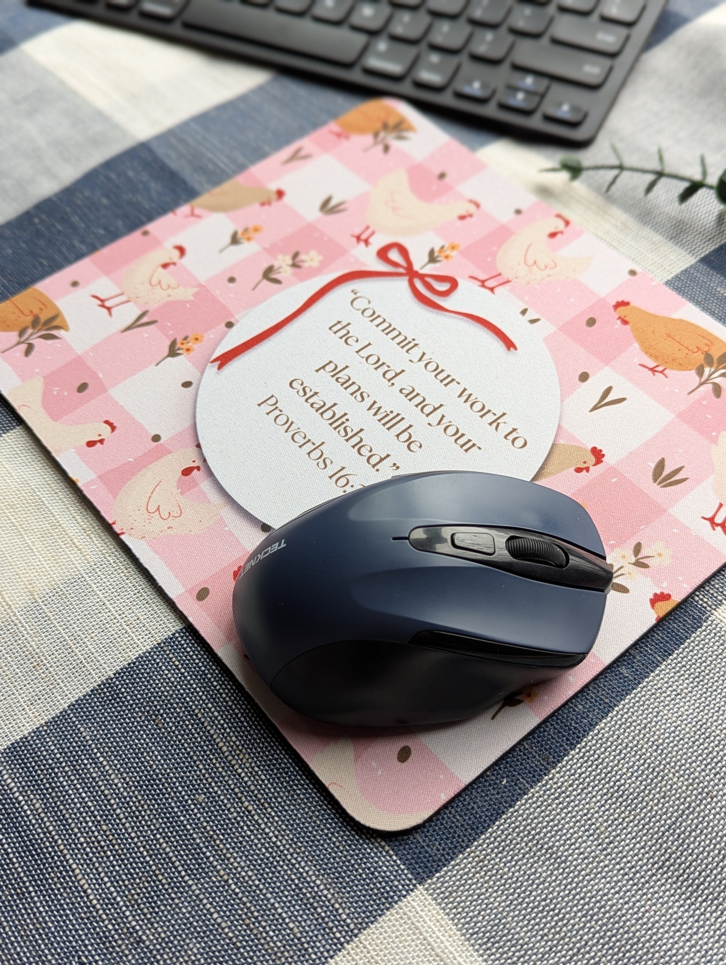 Commit Your Work To The Lord | Proverbs 16:3 | Chickens | Plaid | Girly | Floral | Bow | Christian | Faith | Mouse Pad