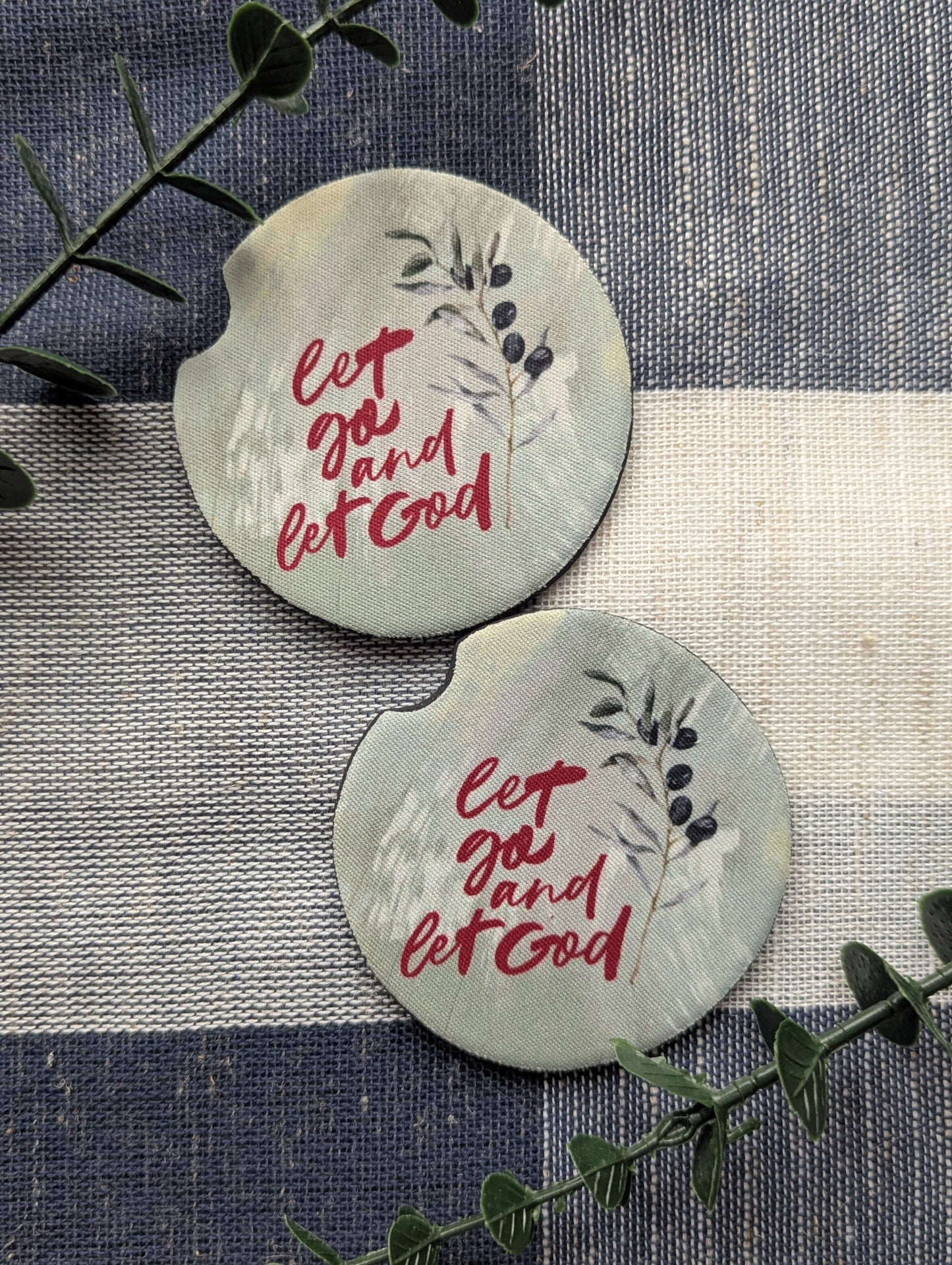 Christian Car Coasters (Set of 2): Let go and Let God Neoprene Cup Holder