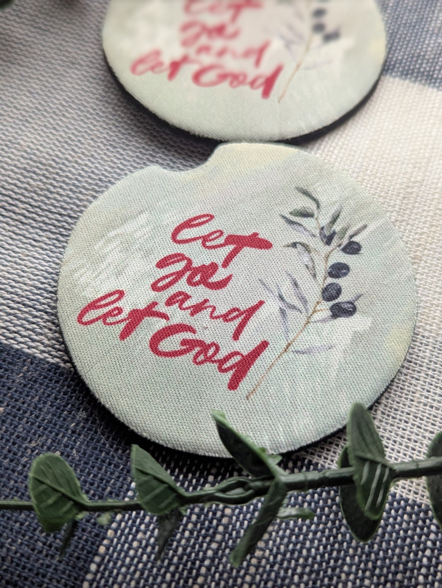 Christian Car Coasters (Set of 2): Let go and Let God Neoprene Cup Holder