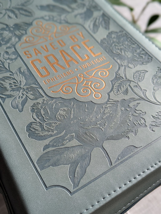 Saved by Grace Ephesians 2:8 | Embossed Faux Leather | Floral | Bible Cover