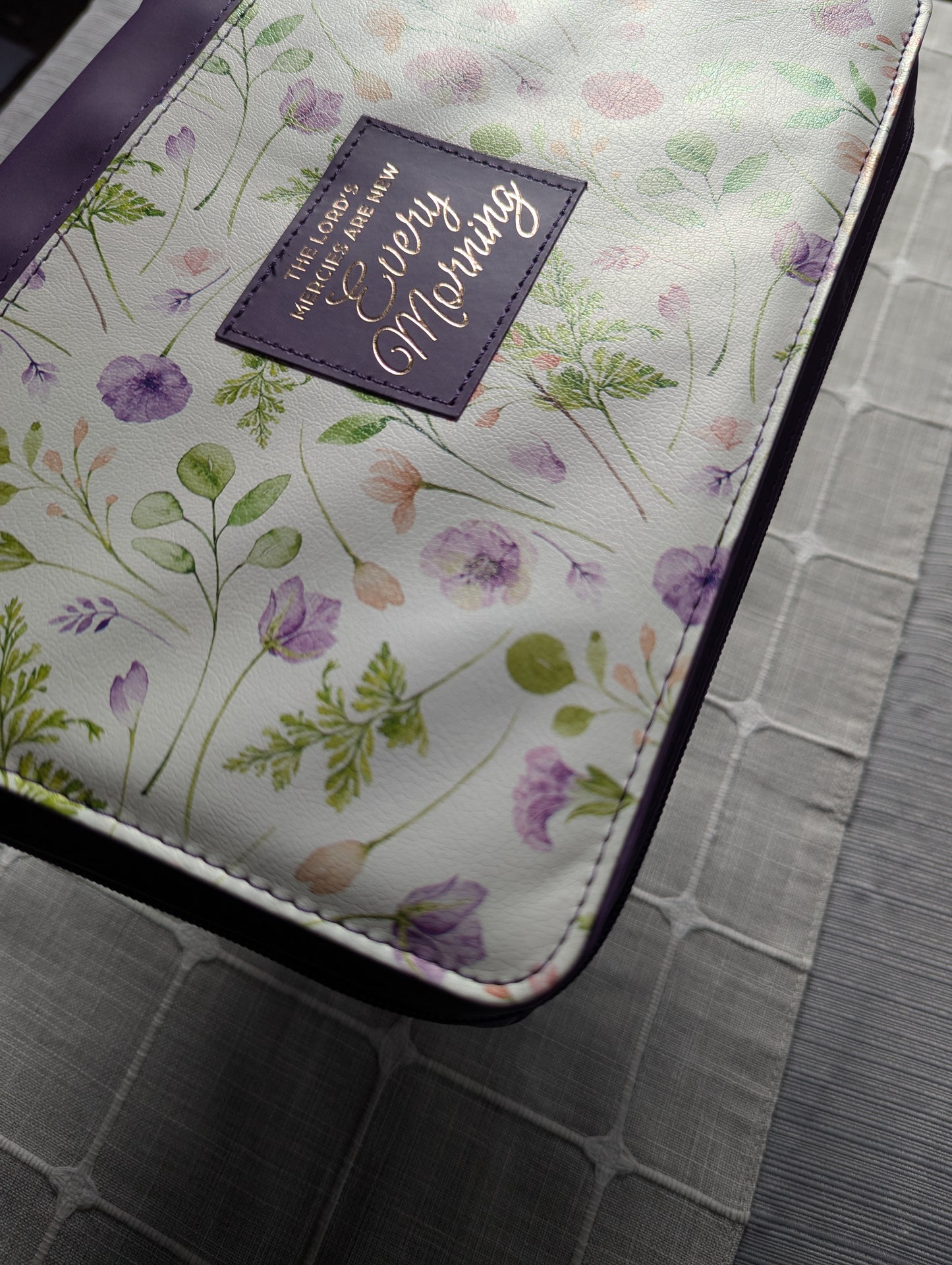 The Lord's Mercies are new every morning Lam 3:22-23 | Purple Floral | Bible Cover
