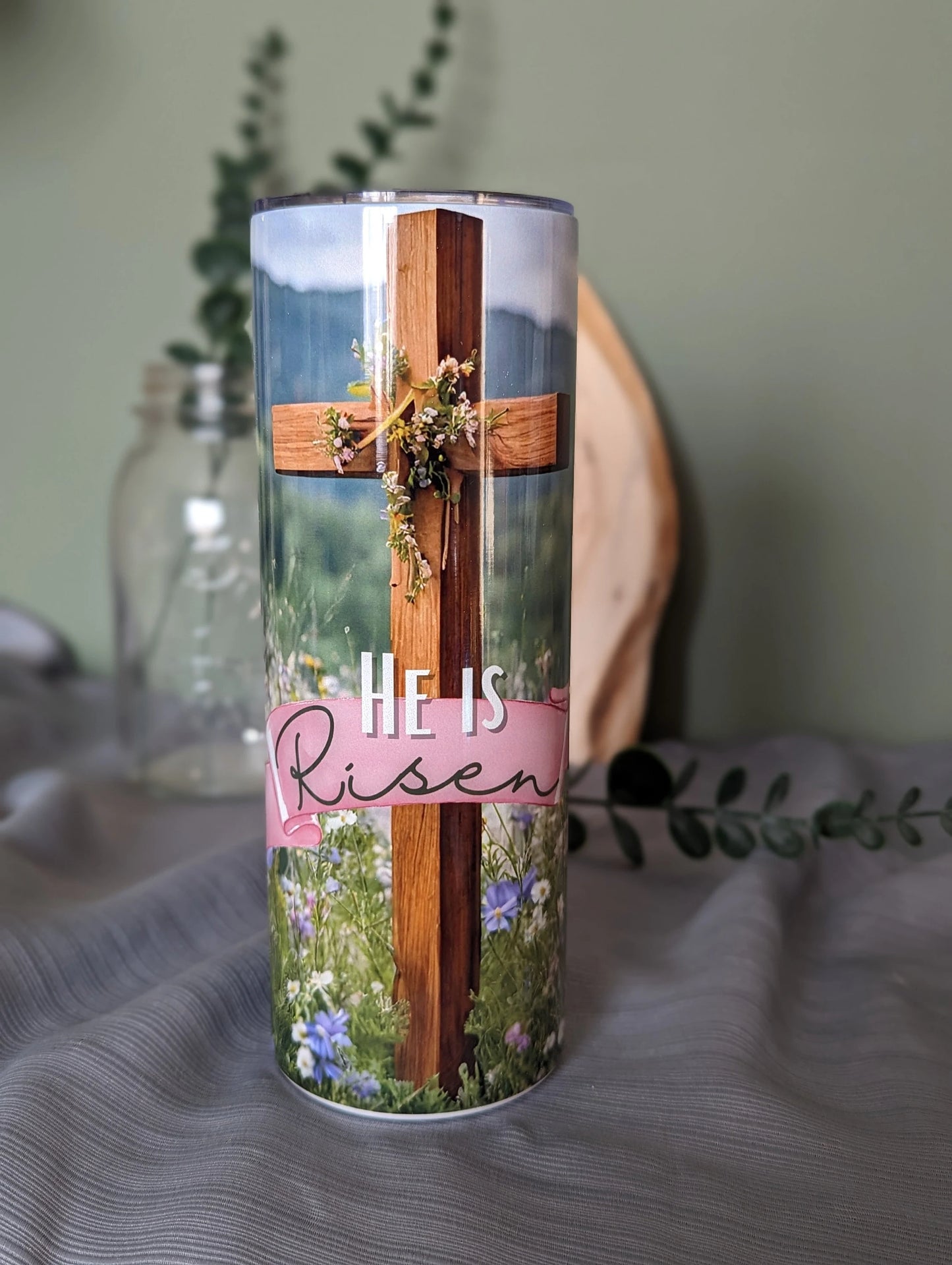 He is Risen | Resurrection Day | Easter | Wooden Cross | Floral | 20oz Stainless Steel Tumbler