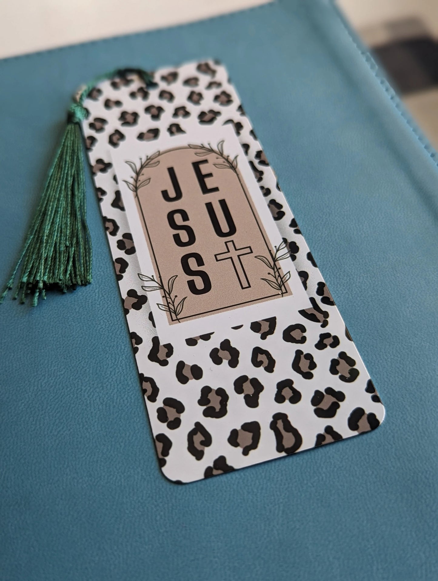 Cheetah Print “JESUS” Aluminum Bookmark with Cross | Christian Gift for Women | Faith-Inspired Bible Bookmark with Tassel