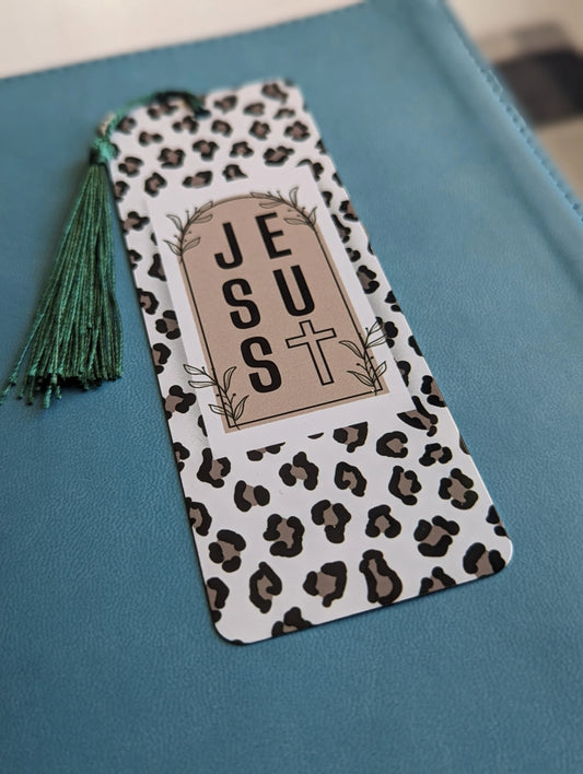 Cheetah Print “JESUS” Aluminum Bookmark with Cross | Christian Gift for Women | Faith-Inspired Bible Bookmark with Tassel