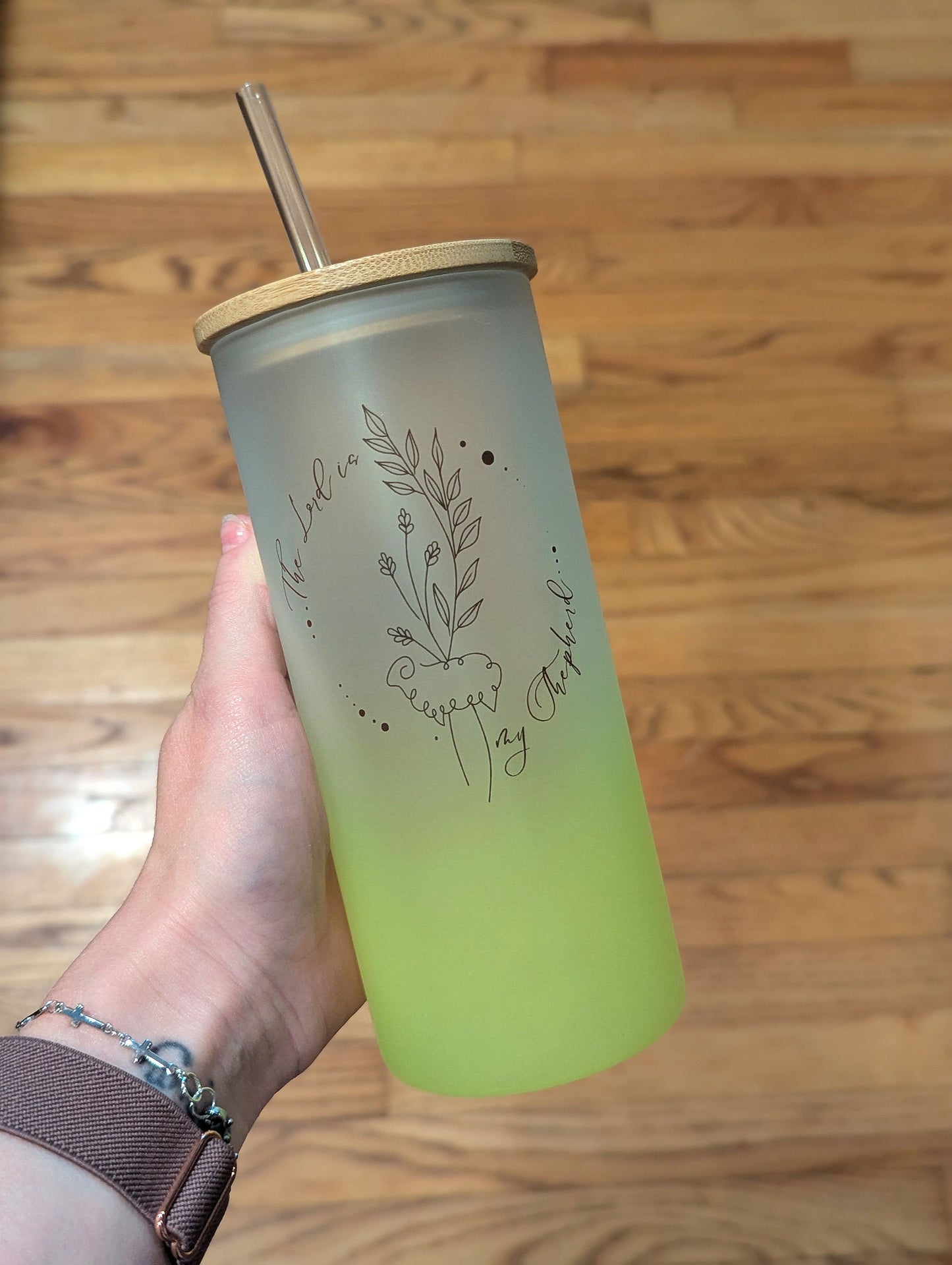 Psalm 23 The Lord is my Shepherd | Yellow Ombre | Bamboo Lid | Glass Cup