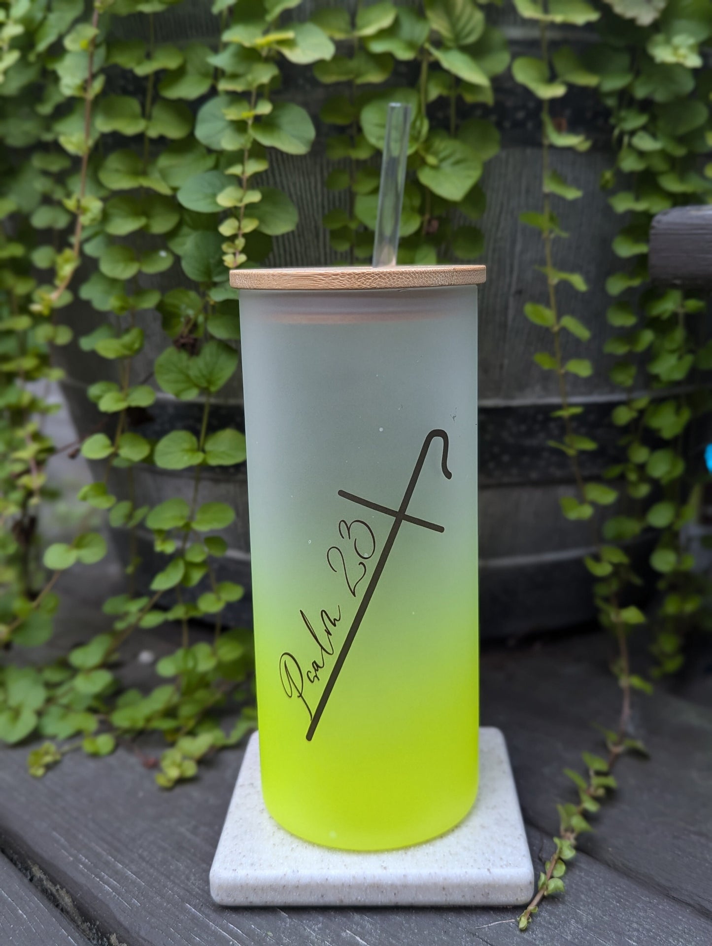 Psalm 23 The Lord is my Shepherd | Yellow Ombre | Bamboo Lid | Glass Cup