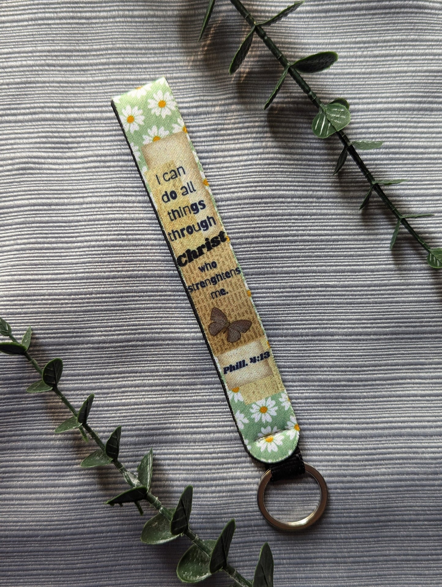 Philippians 4:13 Neoprene Keychain | “I Can Do All Things Through Christ” | Butterfly & Scrapbook Style | Wooden Cross Back | Christian Faith Gift
