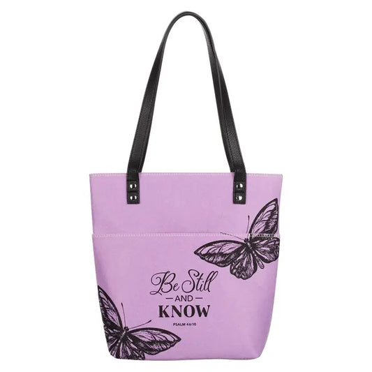 Be Still and Know Bible Tote – Purple Felt Butterfly Tote Bag | Psalm 46:10 Scripture Bag | Christian Gift for Women | Faith Tote for Bible Study or Church