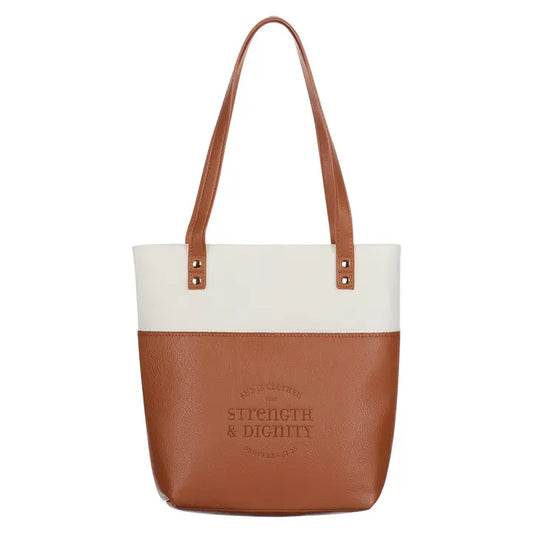 Bible Tote Bag – Strength & Dignity Proverbs 31:25 | Cream & Toffee Scripture Tote | Christian Gift for Women | Faith Bag for Bible Study or Church